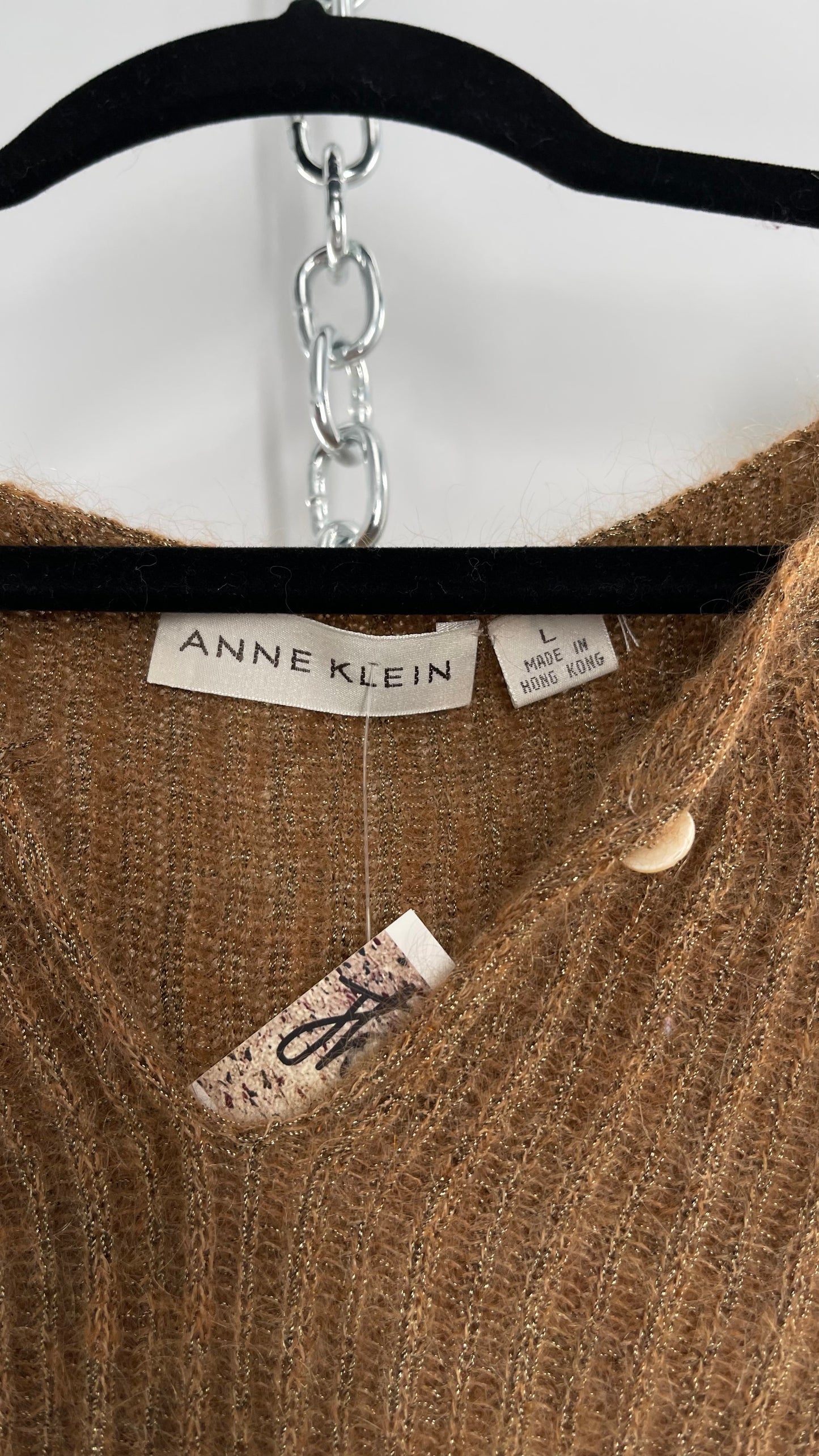 Vintage Anne Klein 42% Mohair Tan Knit Tank with Gold Tinsel (Large)