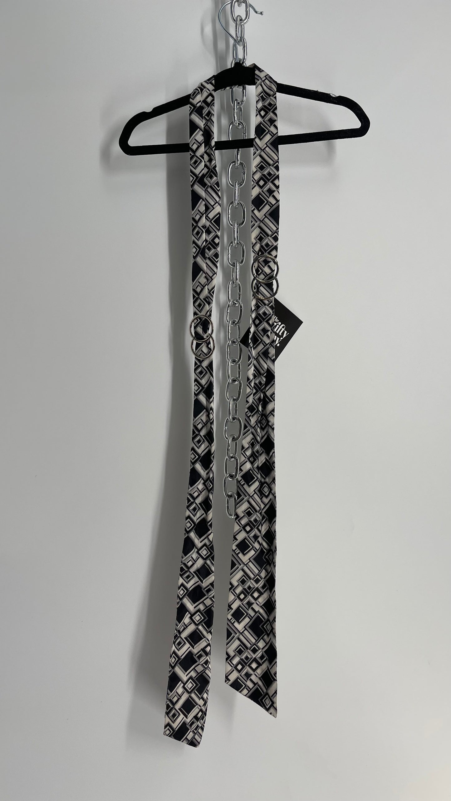 Vintage Black and White Abstract Geometric Silky Skinny Belt/Scarf