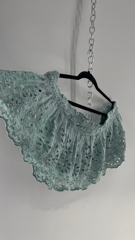 Free People Eyelet Cotton Teal Blue Off the Shoulder Ruffle Bandeau (Medium)