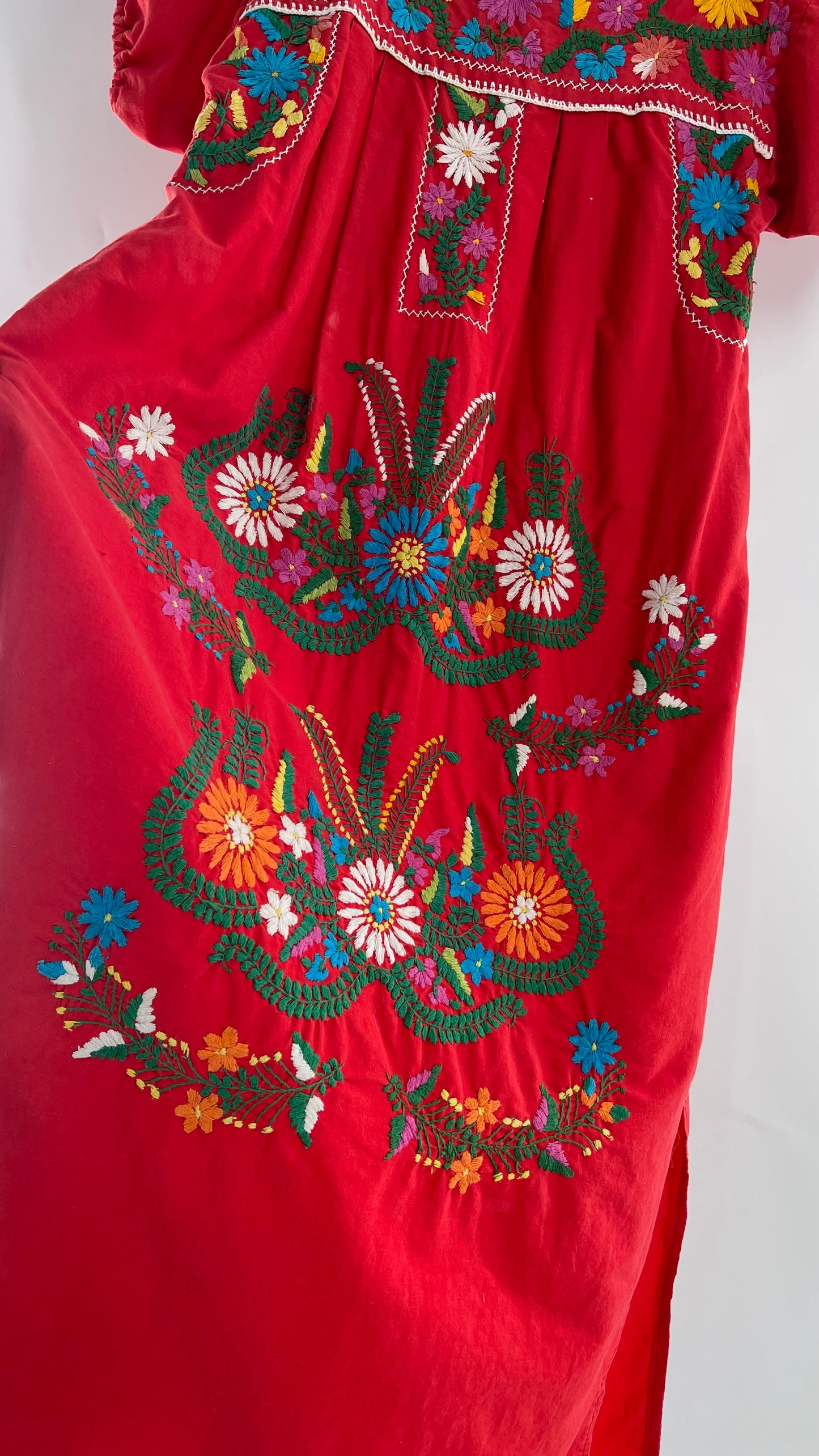 Vintage 1970s Red Cotton Dress with Hand Embroidered Florals Imported from Mexico (Small)