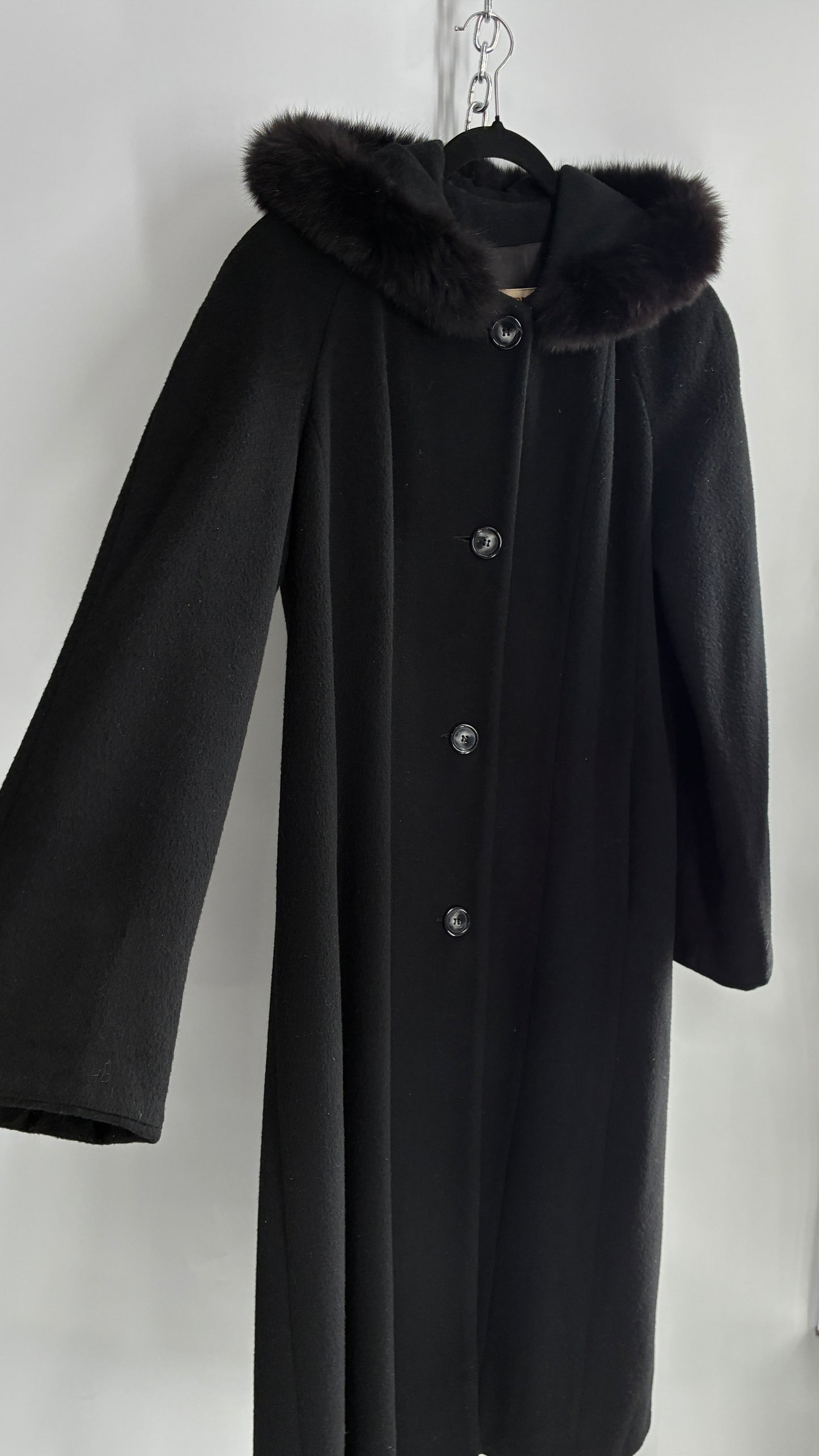 Vintage ANDREA COLLECTION Black Wool Blend Full Length Coat with Fur Trim Hood (12)