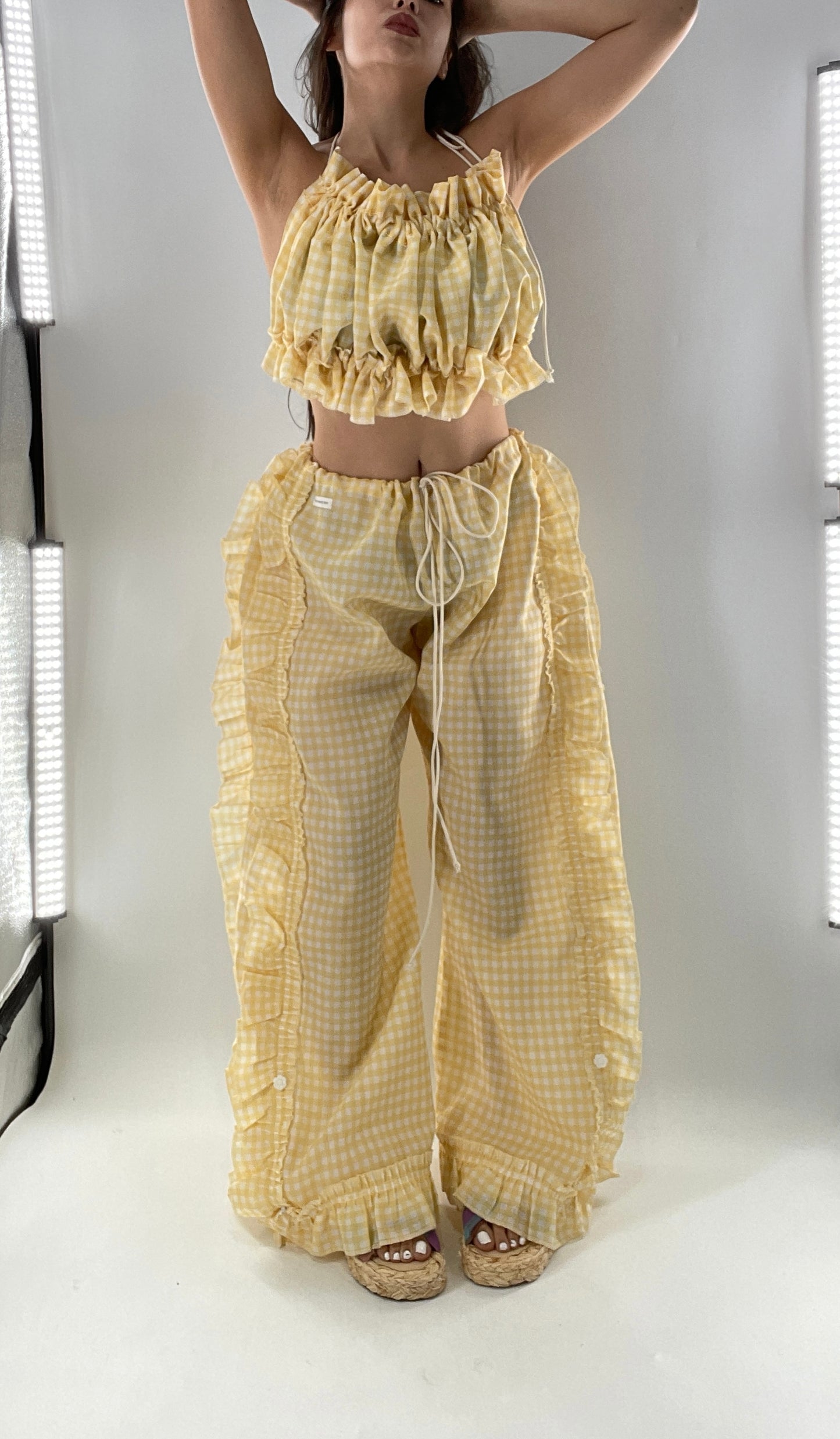 Vintage 2 Piece Yellow Checkered/Gingham Patterned Picnic Set with Ruched Bust Top and Ruffle Side Wide Legs with Adjustable Length, Strap Up Buttons on Hem (One Size)