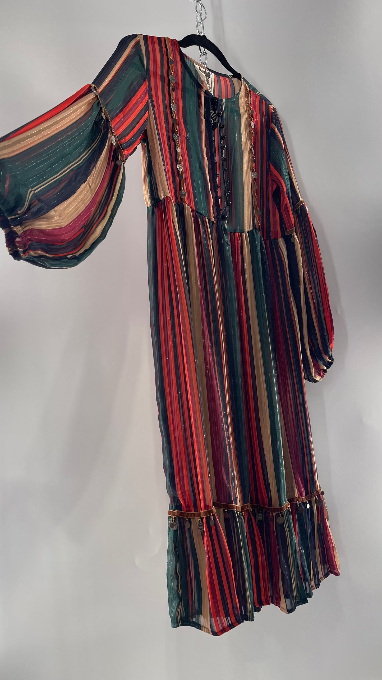 JAASE Striped MIDI Dress with Ruffled Hem, Coin Detailing, Dramatic Button Front Dress (XS)