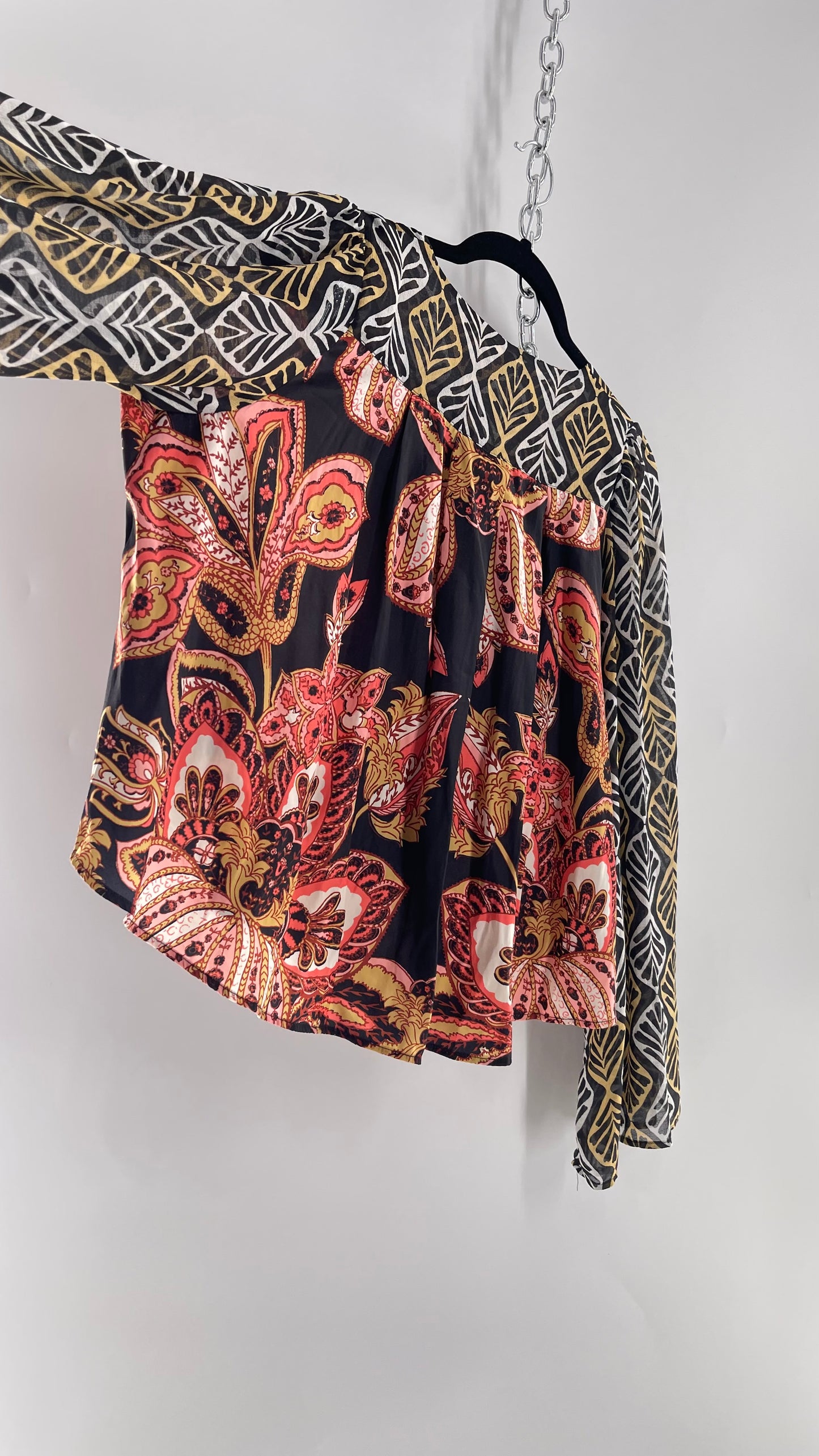Free People Paisley Bodice Blouse with Sheer Contrast Sleeves, Draping Neckline and Tags Attached (Small)
