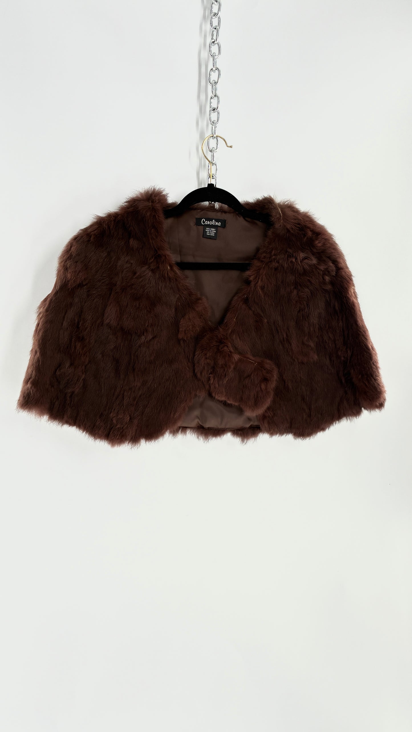 Vintage CAROLINE 100% Rabbit Fur Brown Shrug Cape with Oversized Round Buckle (One Size)