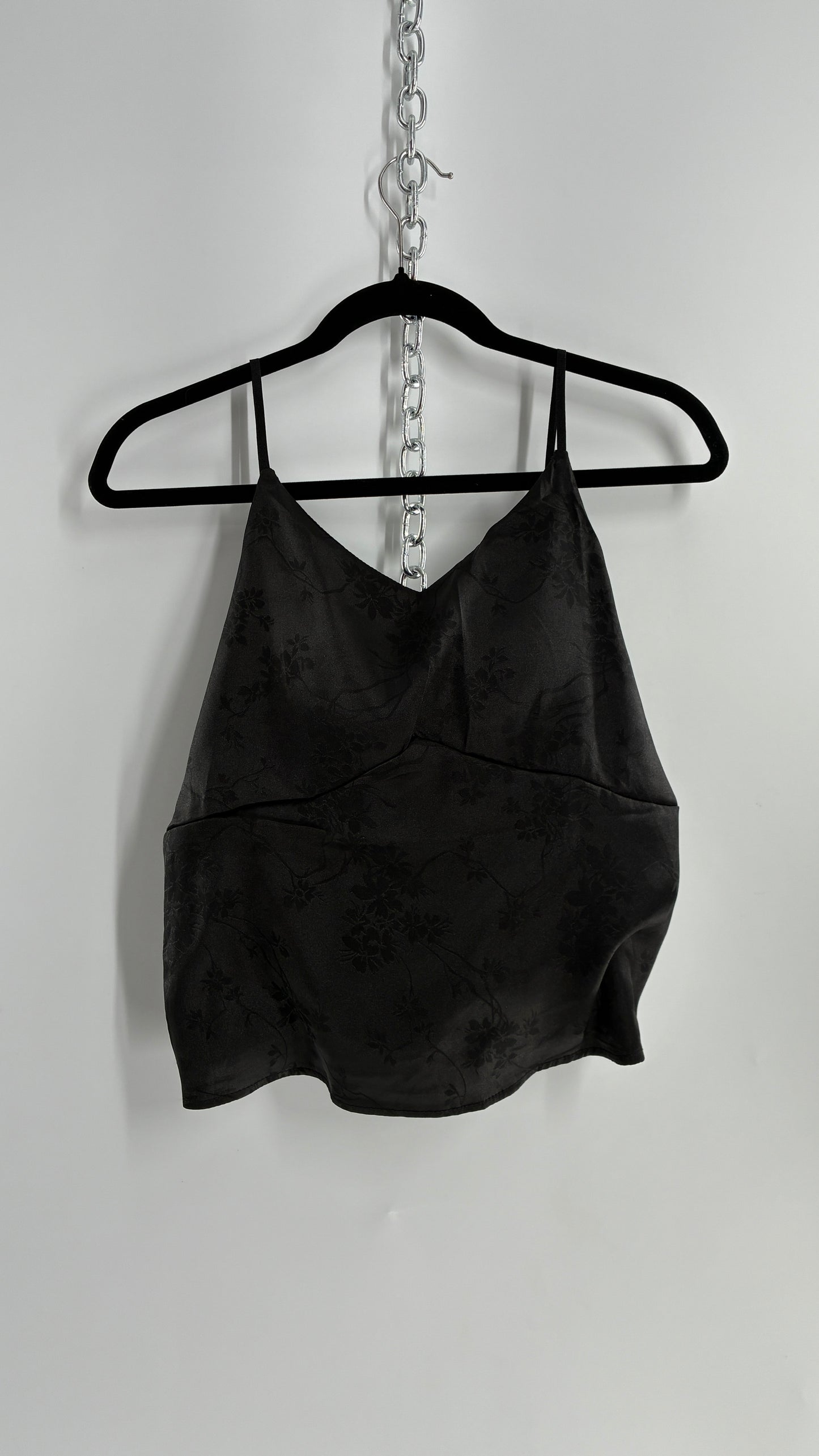 Vintage Black Silky Floral Camisole with Built in Padding (Large)