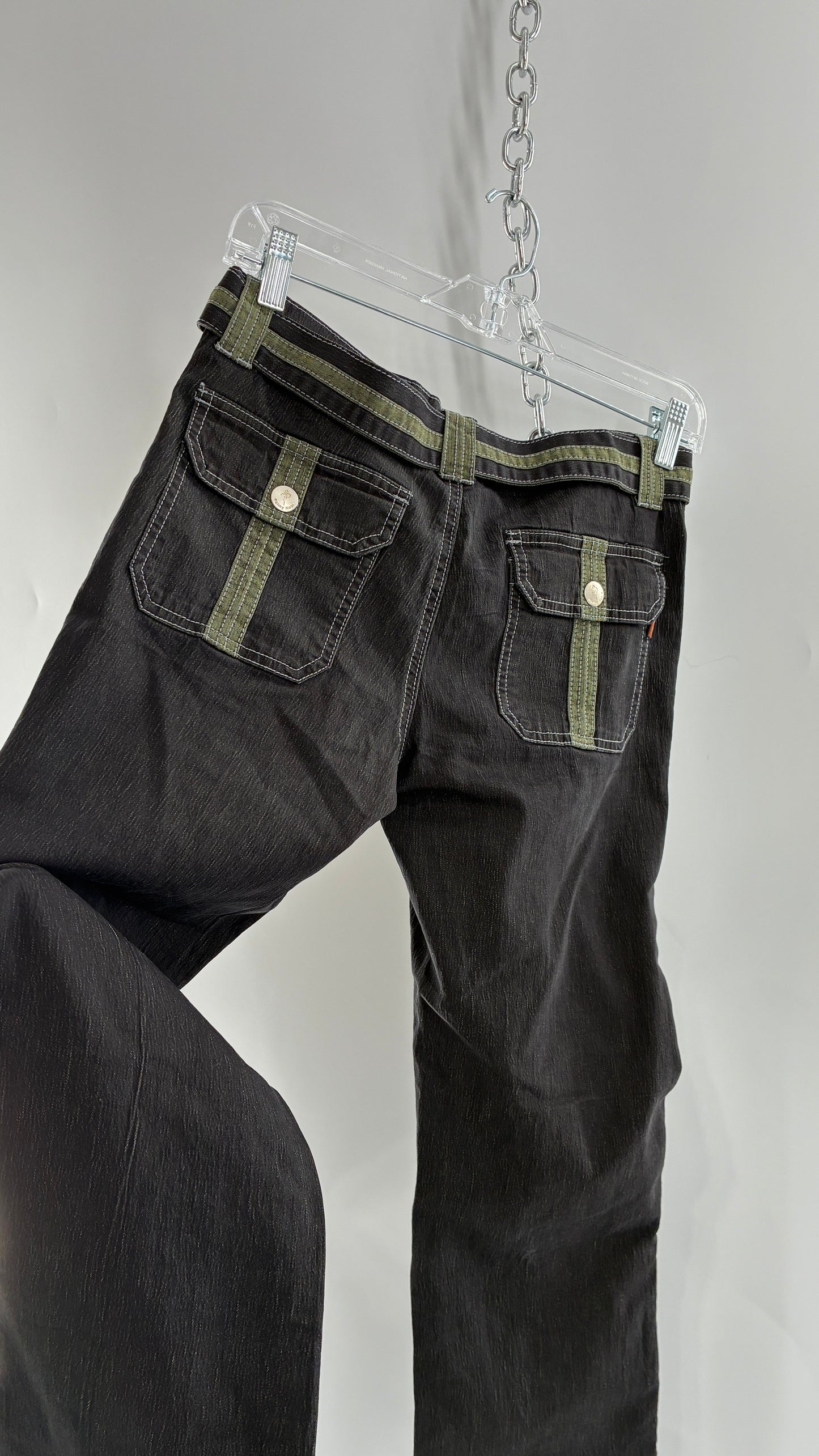 Vintage PALMY NOBLE Dark Wash Low Rise Denim with Green Details and Built in Belt (7/8)