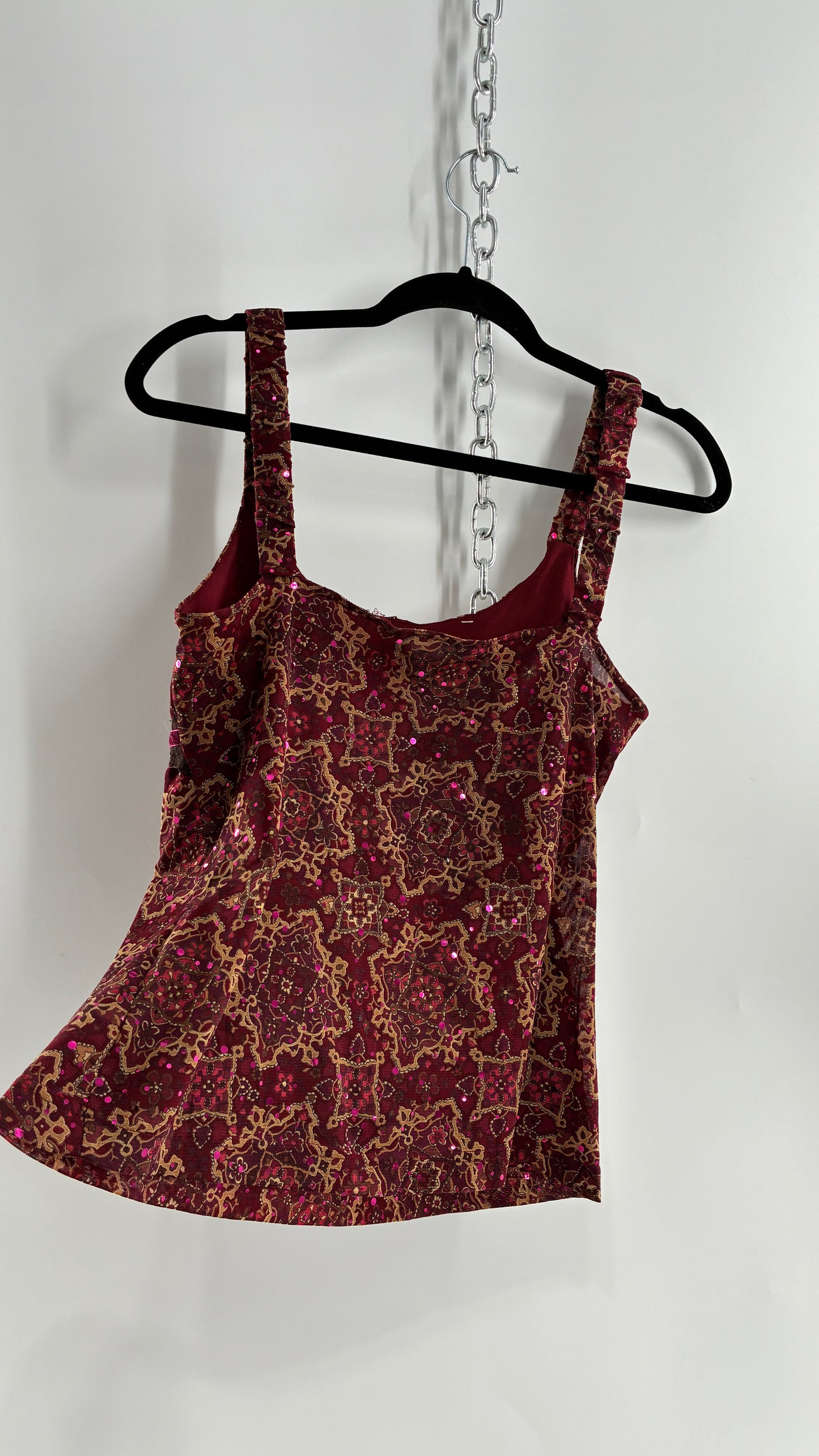 Vintage SELF ESTEEM Maroon Camisole with Sequins, Ruched Bust, and Velvet Ribbon Detail (Large)