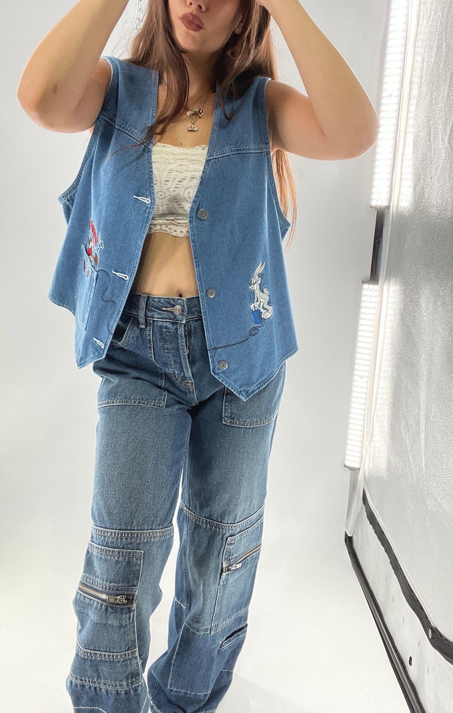 Vintage Looney Tunes Denim Vest with Embroidered Characters (Large)