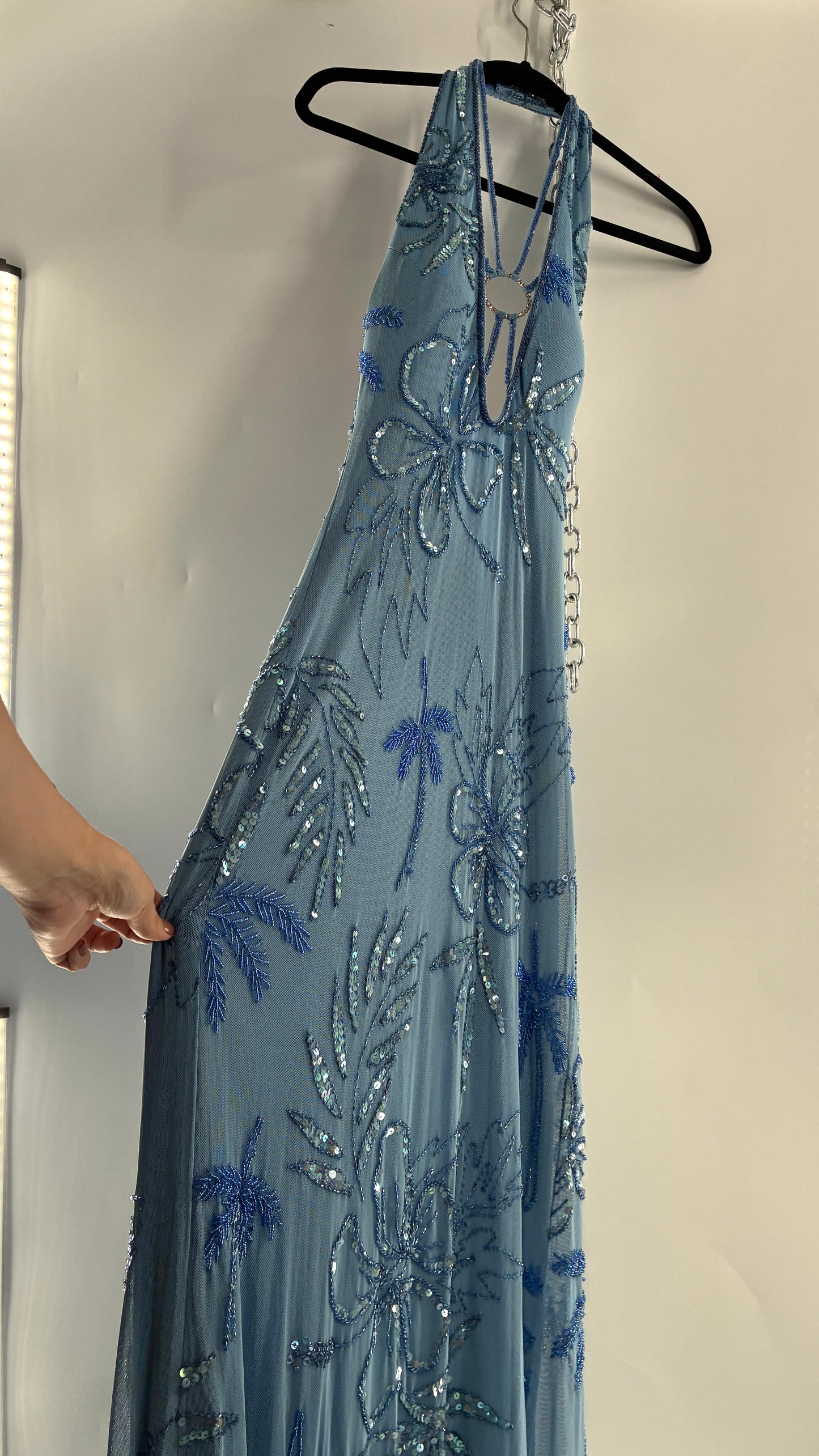 Vintage 1990s Powder Blue Gown Covered in Beaded Appliqué Tropical Designs with Strappy Bust and Low, Open Back (S/M, stretchy no size marked)