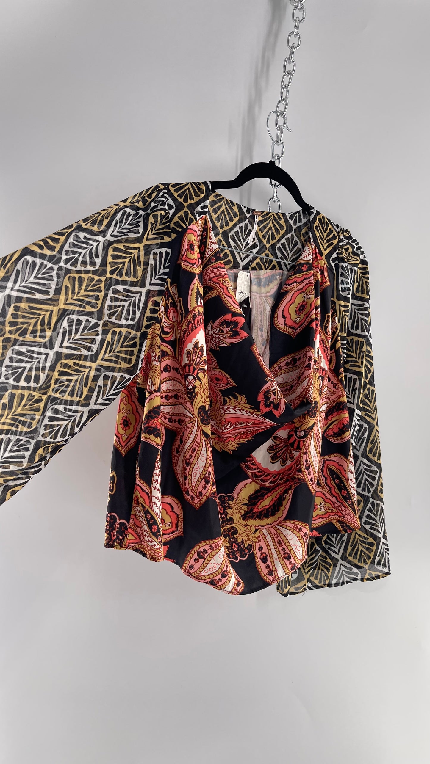 Free People Paisley Bodice Blouse with Sheer Contrast Sleeves, Draping Neckline and Tags Attached (Small)
