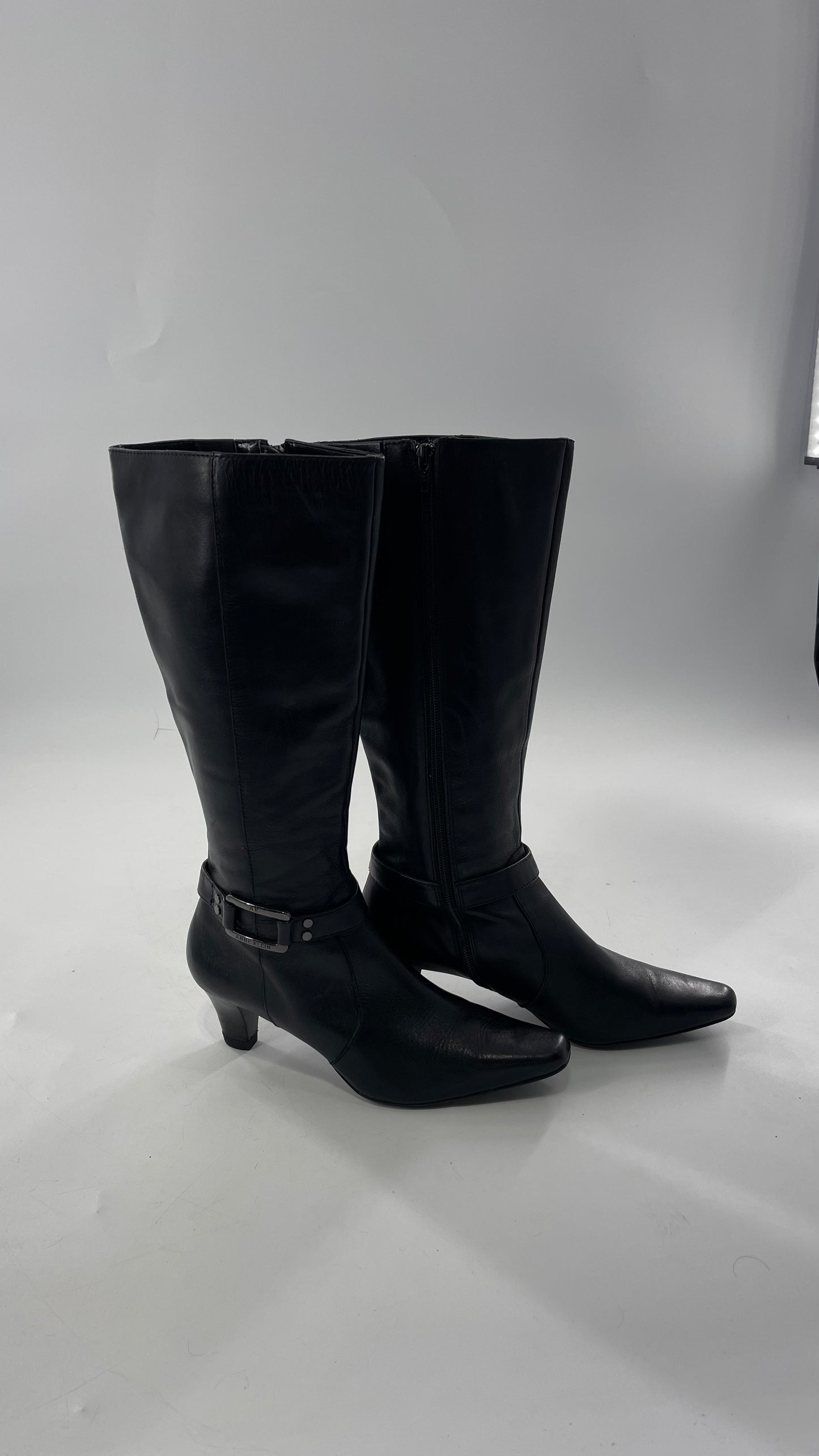 Vintage Black Anne Klein Leather Knee High Boots with Pointed Toe and Ankle Metal Buckle Detail (8)