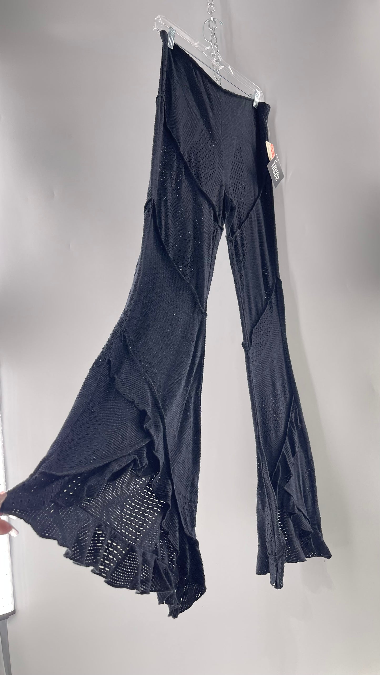 Free People Black Midnight Grey Mixed Pattern Kickflares with High Low Hem, Exposed Seams and Distressing Tags Attached (Medium)