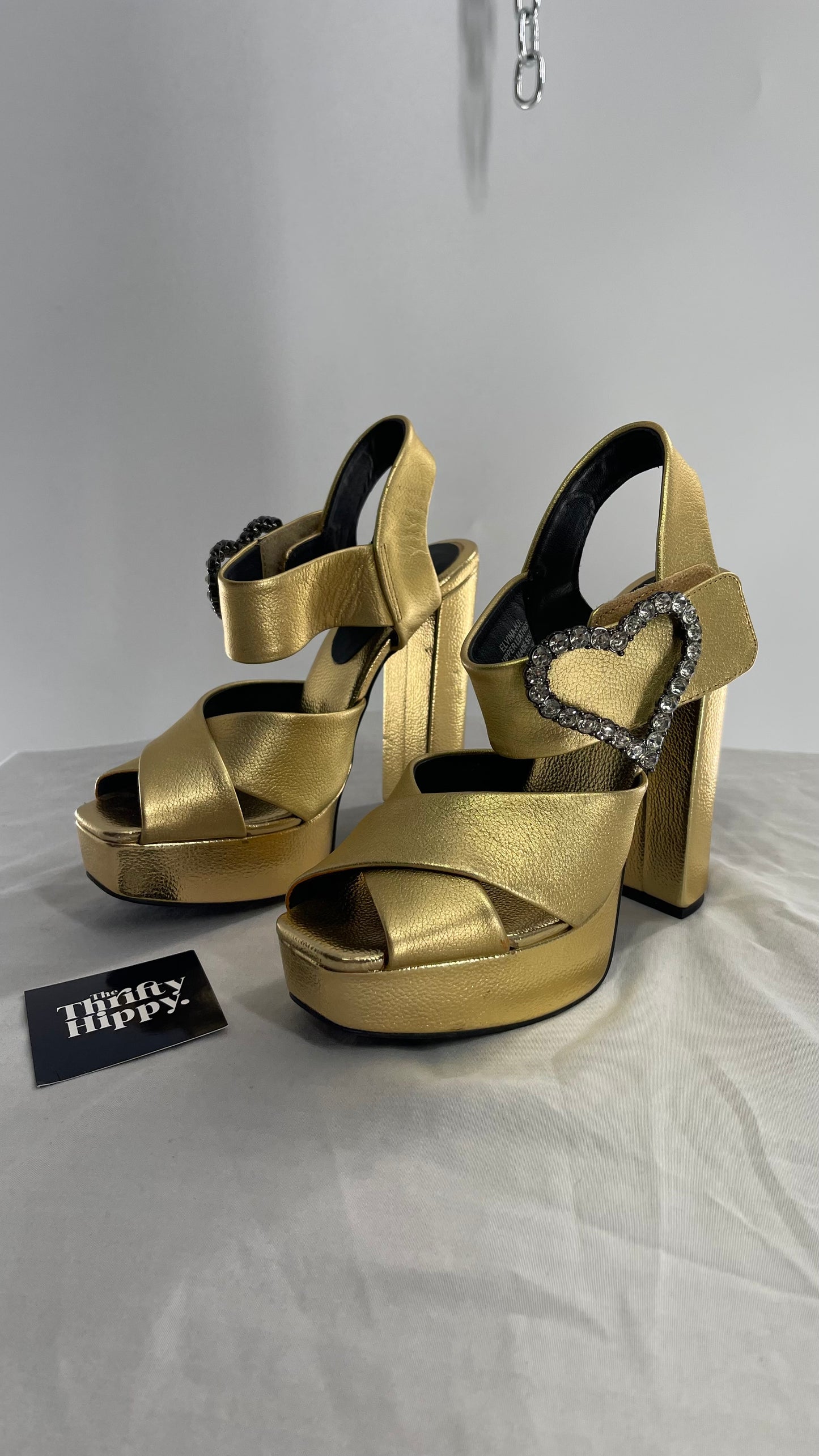 Jeffrey Campbell Metallic Gold Chunky Gold Platform Heel with Rhinestone Heart Buckles (6.5)