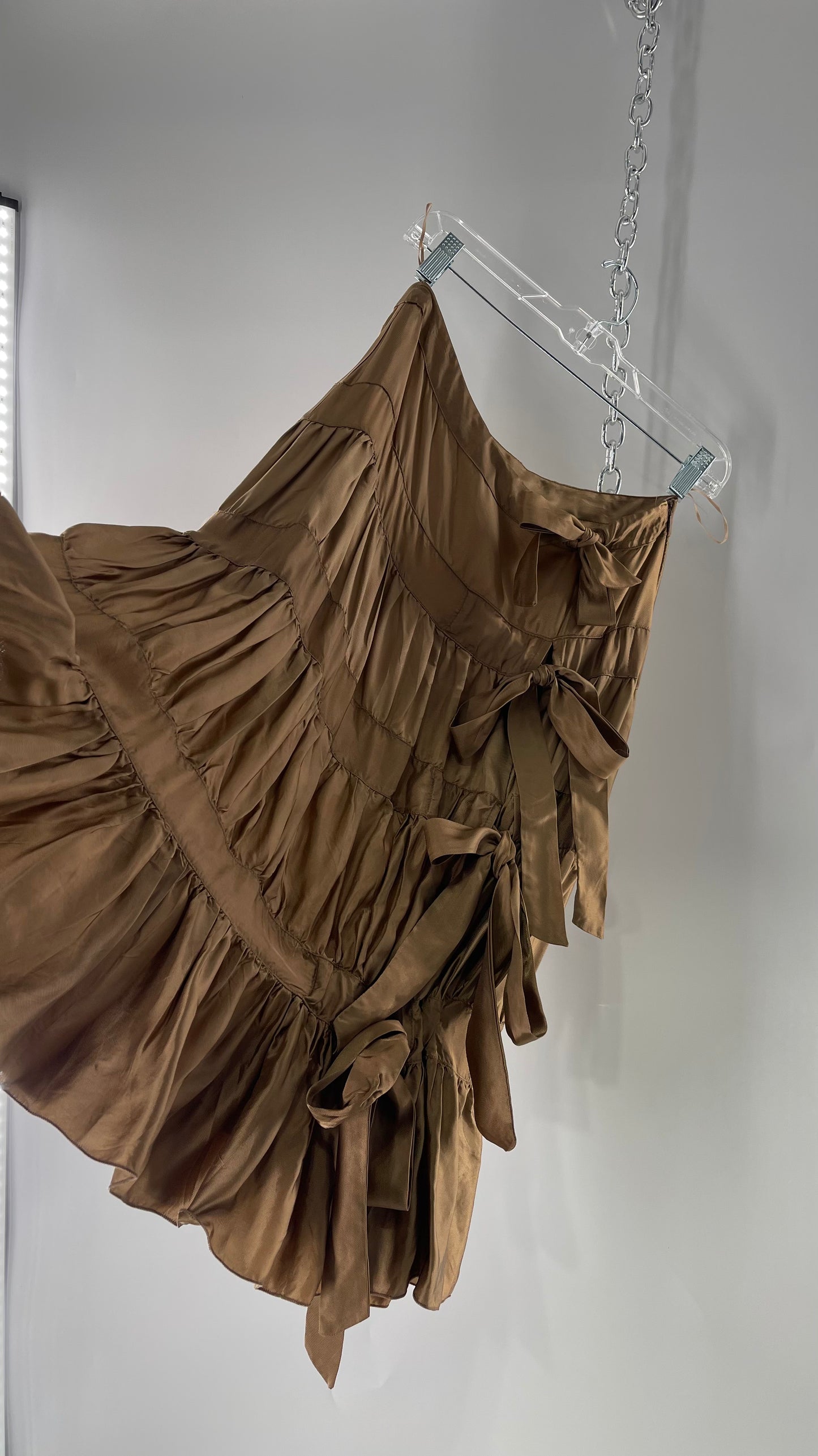 Ysatis Greece Bronze Metallic Fabric Skirt with Dainty Feminine Bow Detailing on Side (1)