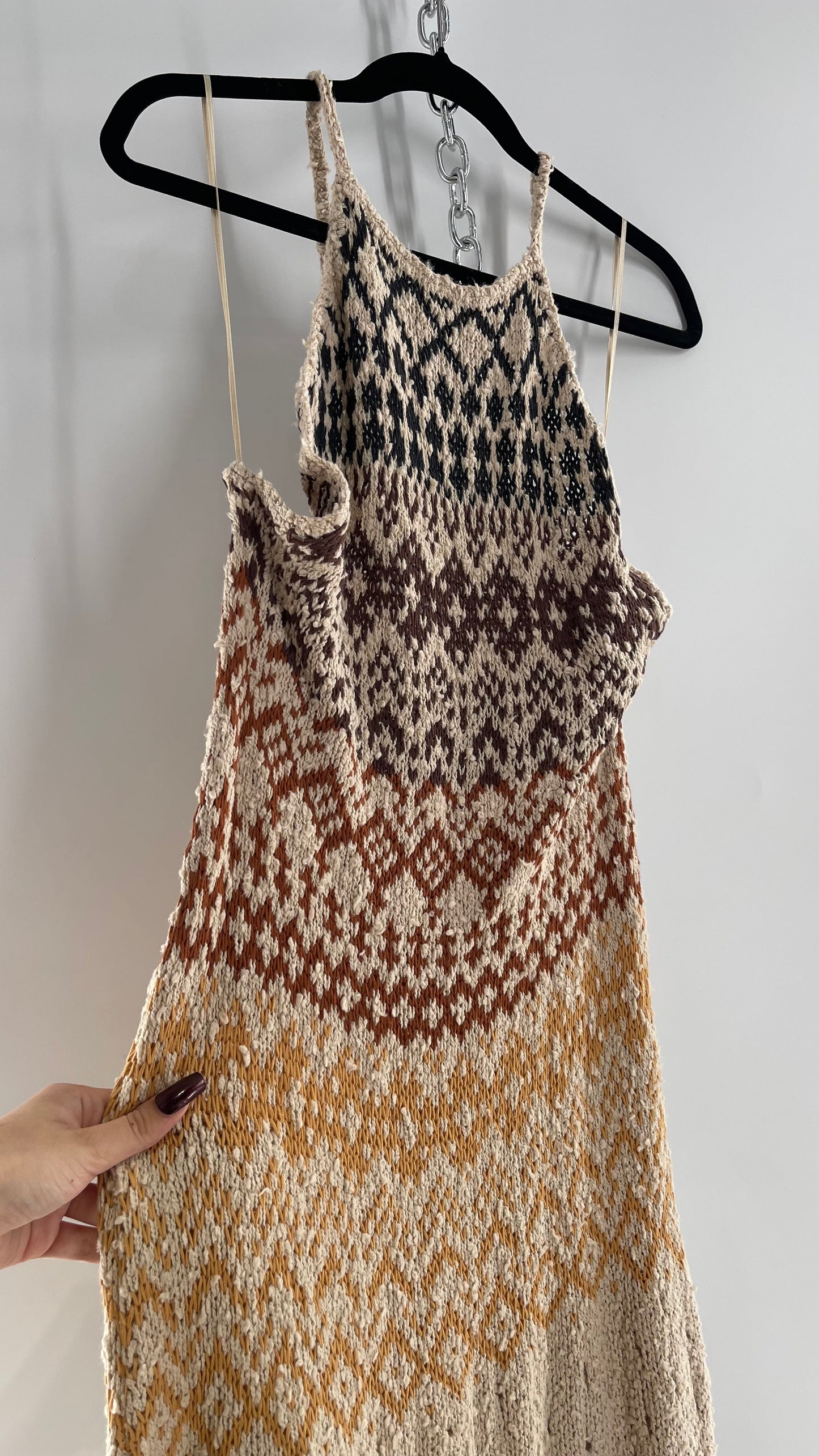 Free People Beige Ikat Oasis Knit Halter Maxi Dress (Small)