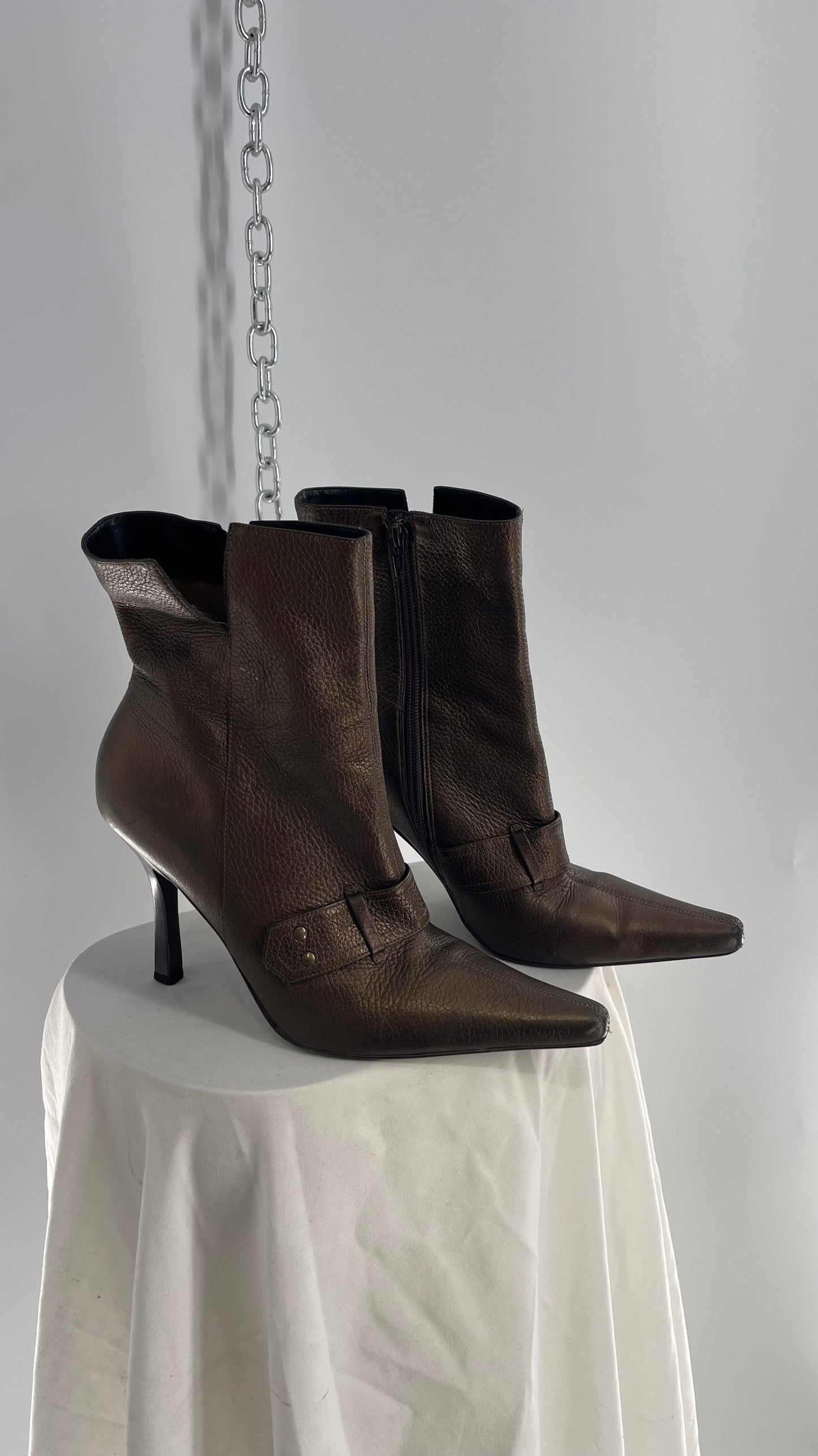 Vintage GIANNI Metallic Bronze Pointed Toe Buckle Strap Boots Made in Brazil (38)
