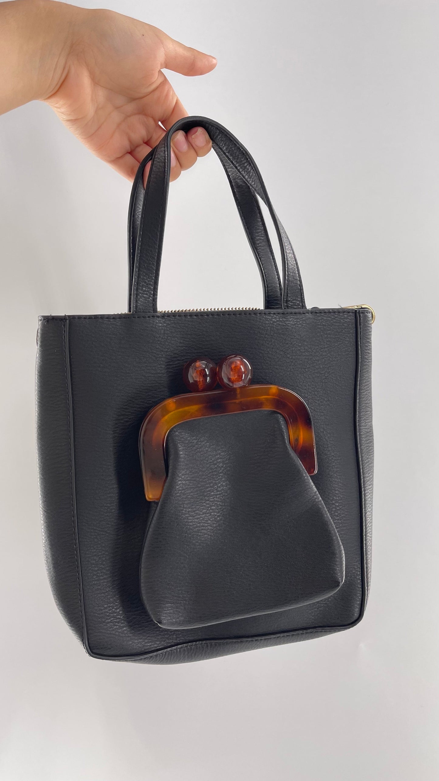 Anthropologie Black Vegan Leather Purse with Detachable Coin Purse and Strap