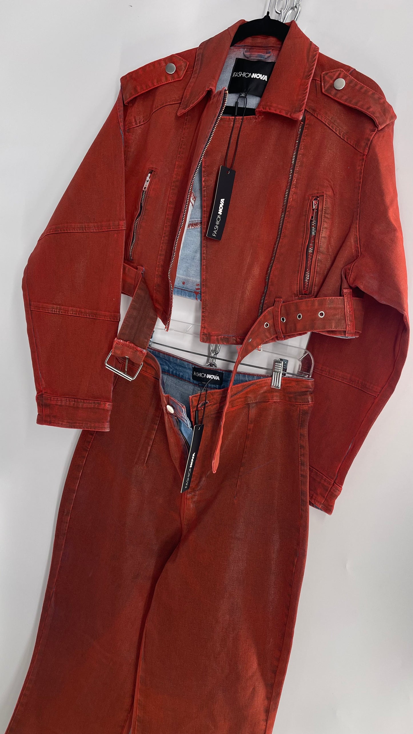 Fashion Nova Red Waxed Denim Cropped Motorcycle Jacket with Flared Jean Set and Tags Attached (XL/15)