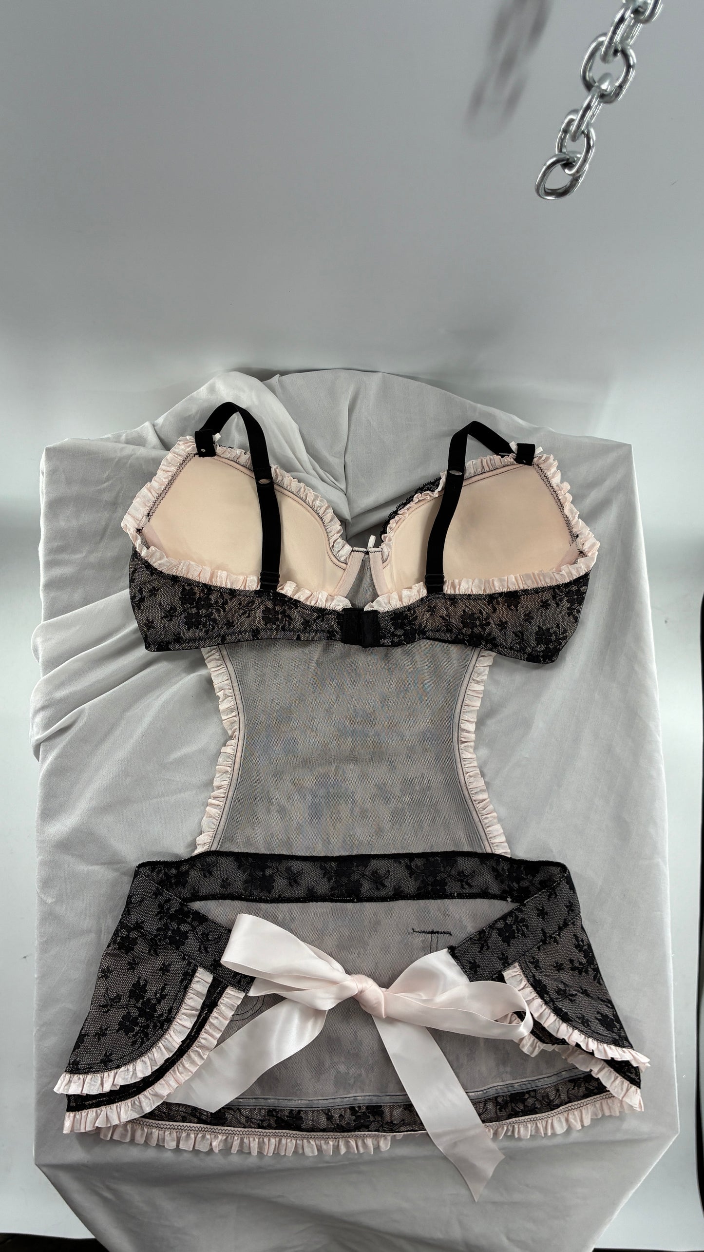Victoria’s Secret Black Lace Apron Style Camisole Lingerie with Bow Back Ribbon (36D)