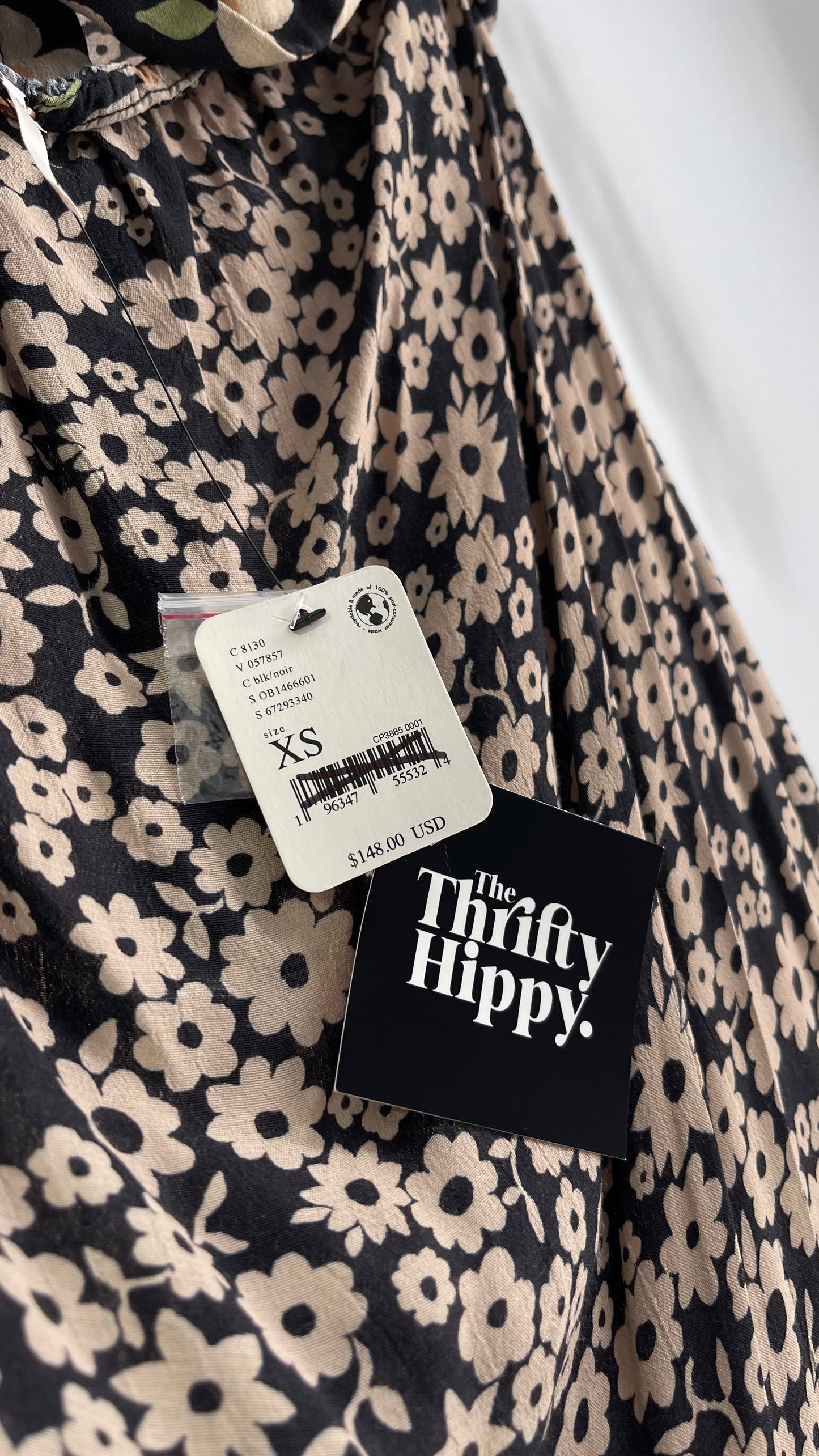 Free People Daisy Mixed Pattern Black/Beige Button Front Full Length Dress (XS)