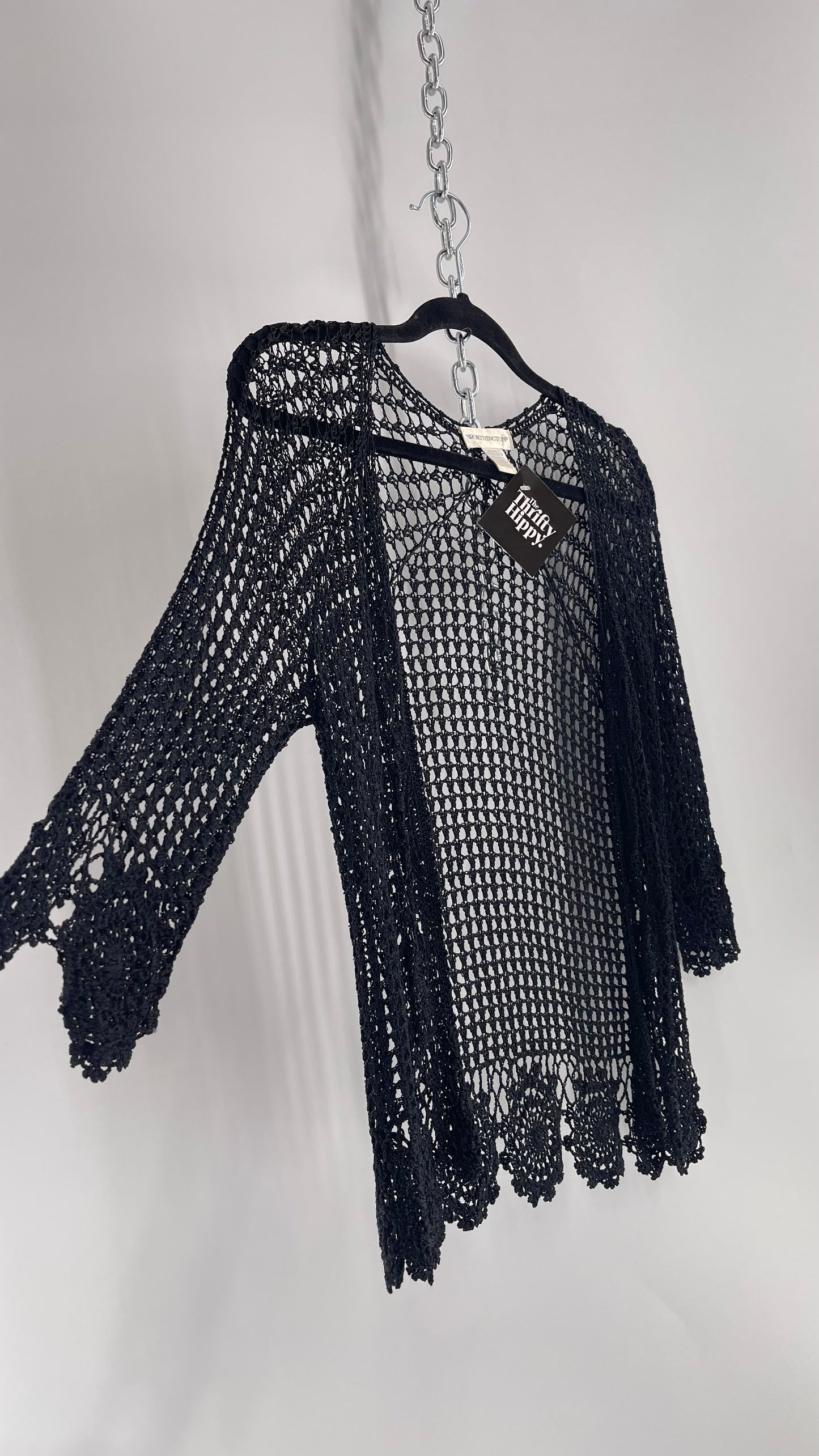 Vintage Black Crochet Slinky Top with Ribbon Bust Tie (XS)