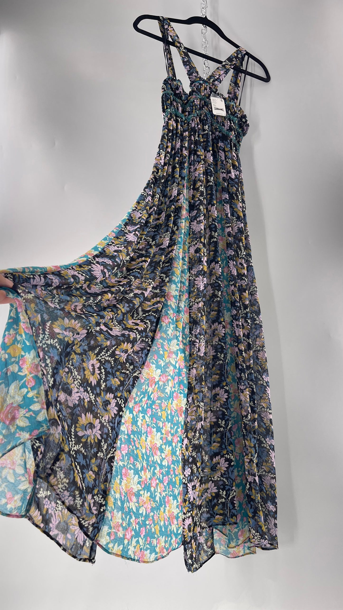 Intimately Free People Black and Teal Mixed Pattern Floral Maxi Dress with Tags Attached (XS)