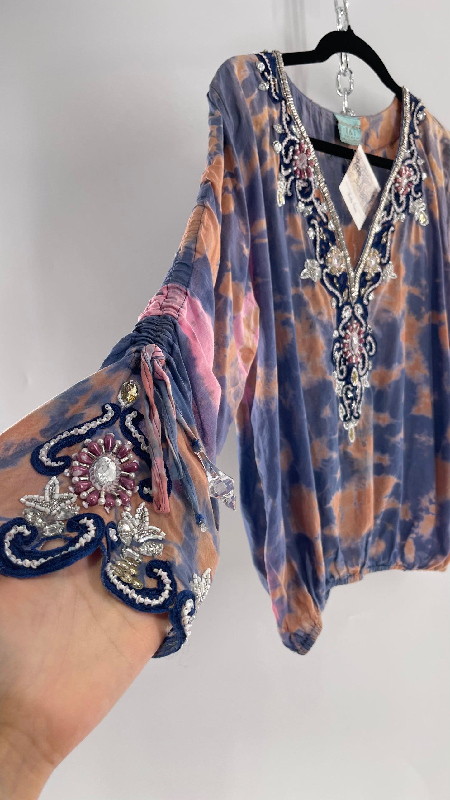 TAJ by Sabrina Crippa Tie Dye Blouse with Gemstone Encrusted Neckline and Ruched Beaded Sleeves (S/M)