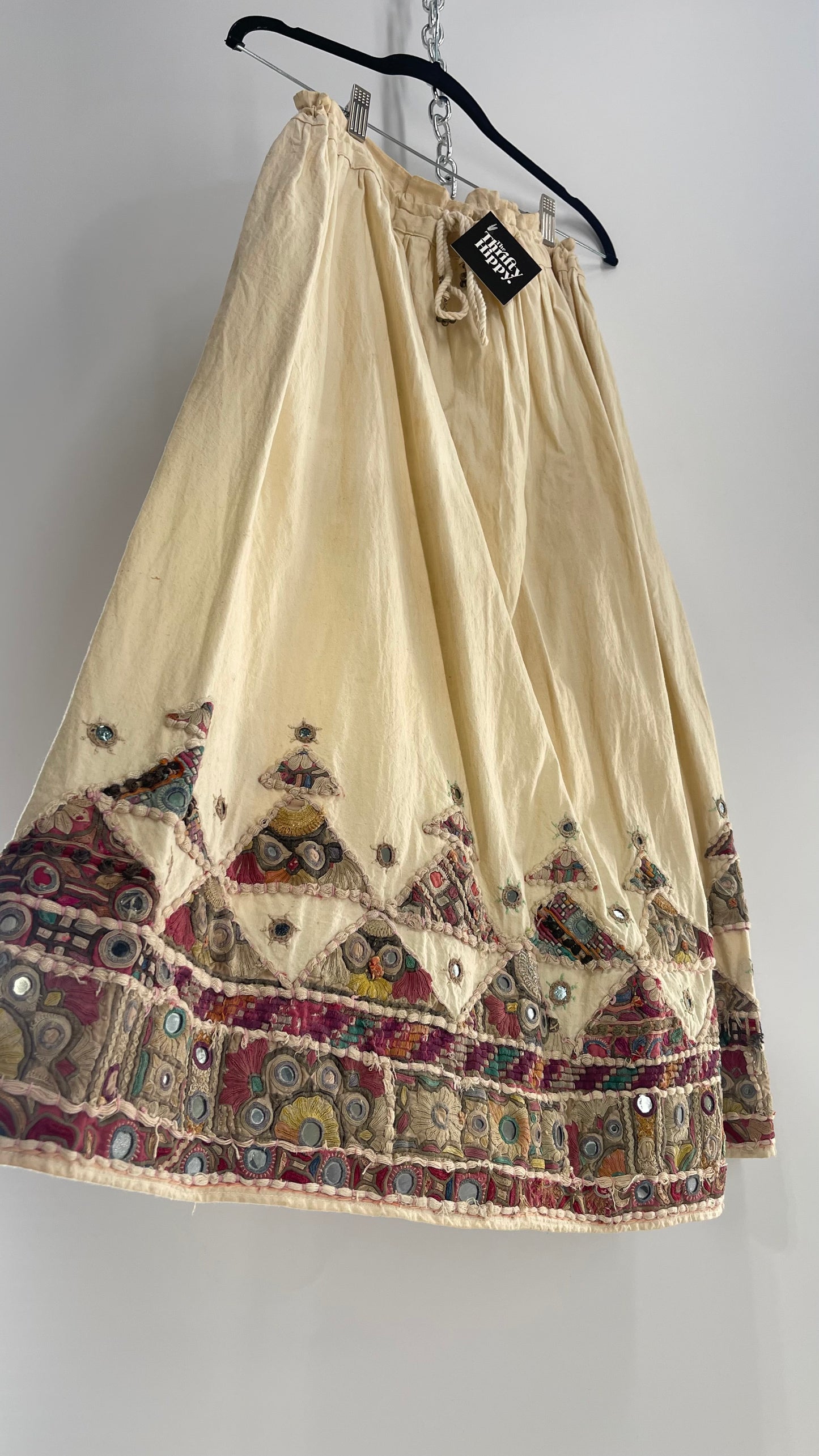 Vintage Imported Hand Stitched Skirt with Embroidered, Patchwork and Mirror Details (S/M Drawstring Waist)