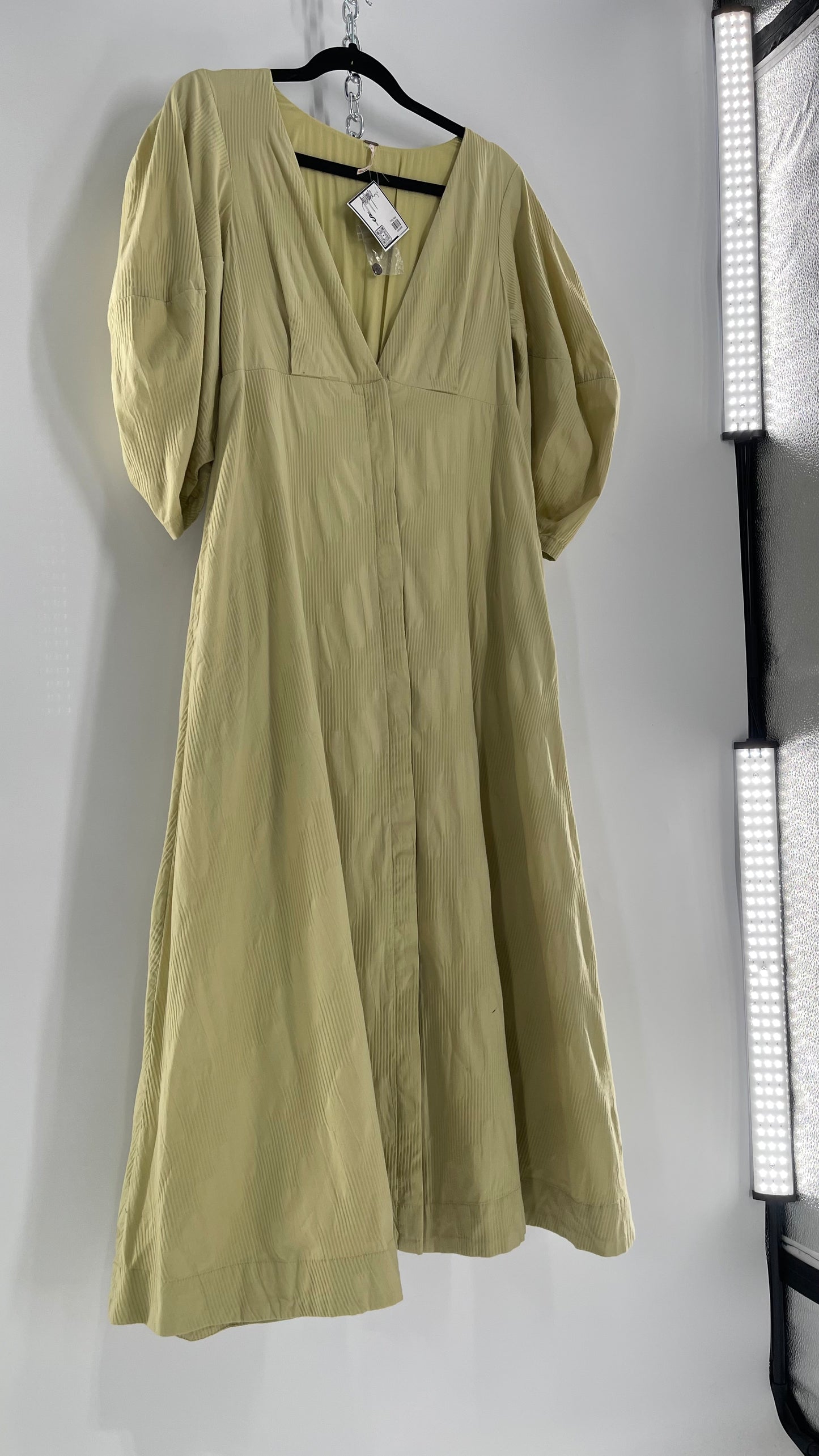 Free People Sage Green Textured Hidden Wooden Button Front Maxi with Back Pleating (Small)