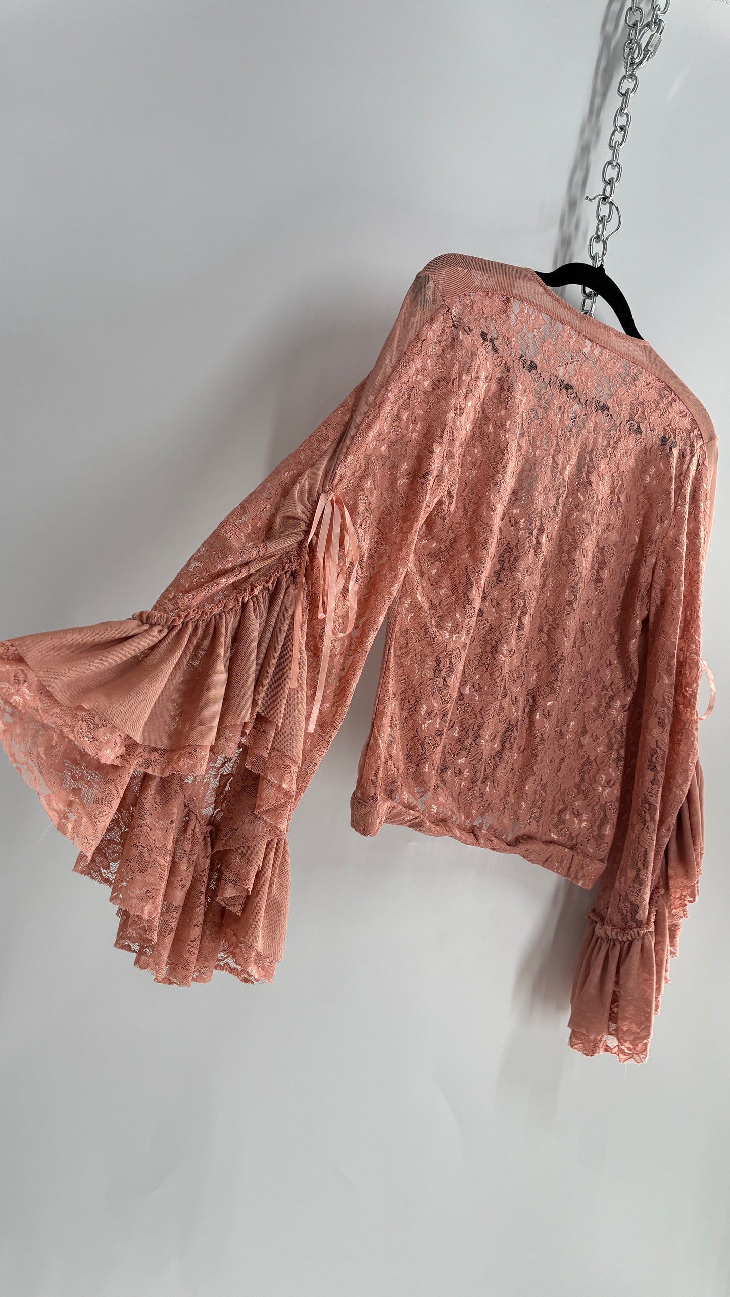Vintage VENUS Blush Pink Lace Blouse with Voluminous Multi-Layer Bell Sleeves (Medium)