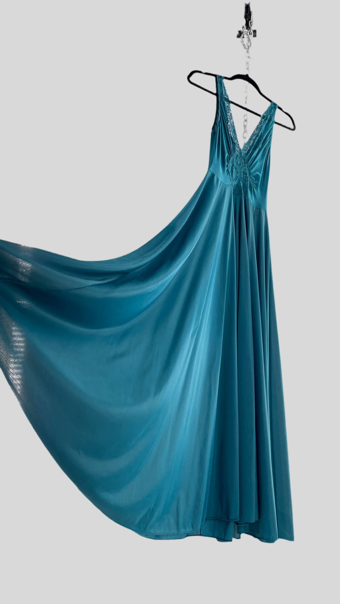 Vintage Olga Intimates Floor Length Voluminous Blue Jewel Toned Maxi Dress/Night Gown with Lace Bust (Small)