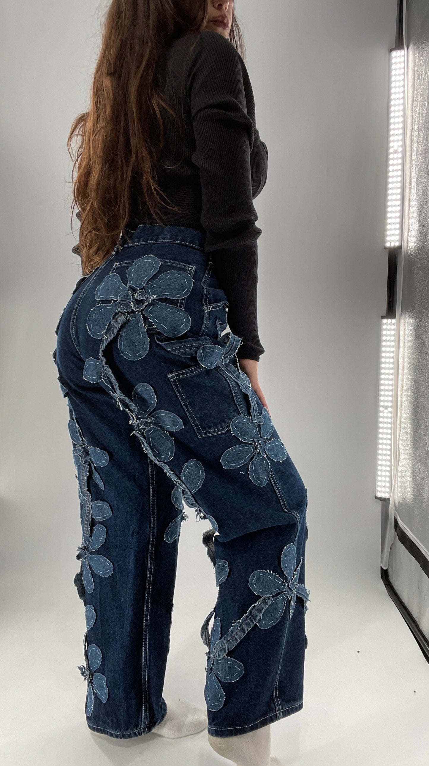 Handmade CUSTOM Dual Denim Tone Floral Vine Cargo Denims (S)
