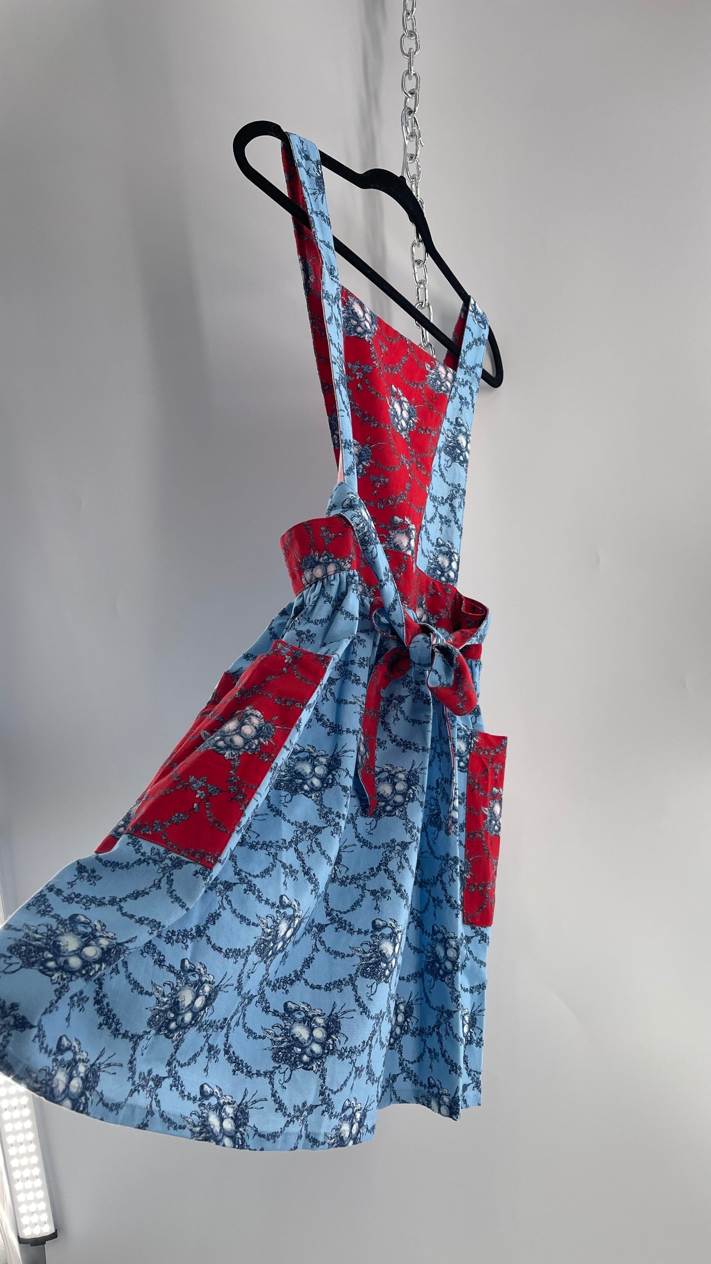 Vintage Apron Red and Baby Blue Floral/Citrus Patterned Mini Dress with Tie Around Bow (S\M)