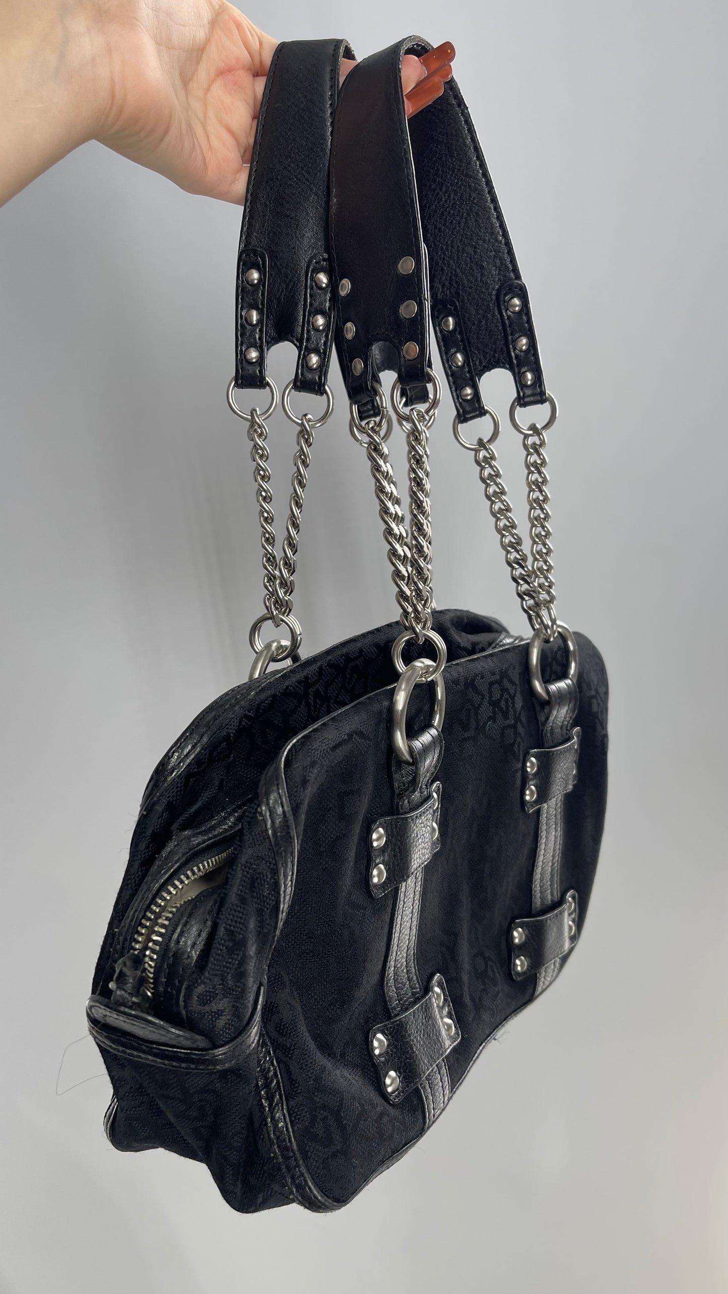Vintage DKNY 1990s Black All Over Logo Bag with Leather and Chain Details