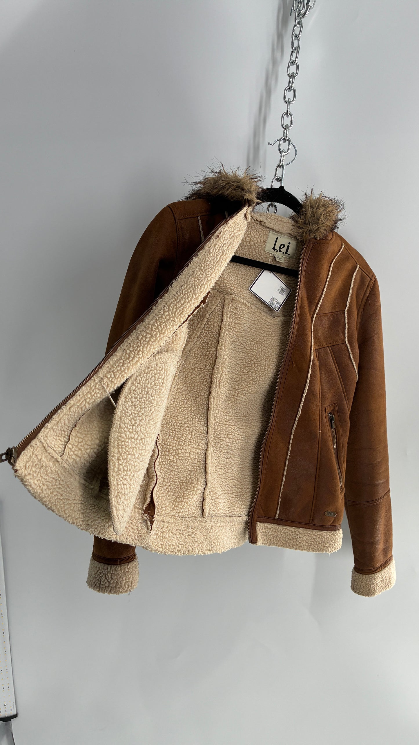 Vintage LEI Vegan Suede Sherpa Jacket with Faux Fur Hood (Small)