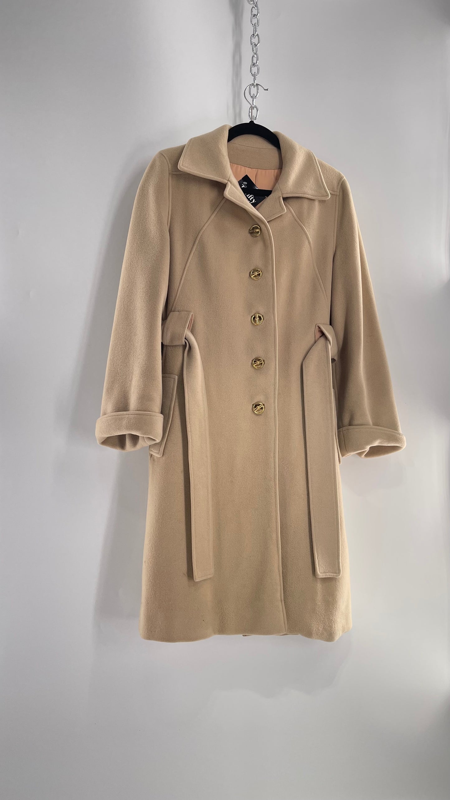 Vintage 100% Amicale Cashmere Beige Cream Coat with Apricot Satin Lining (C) (S/M)