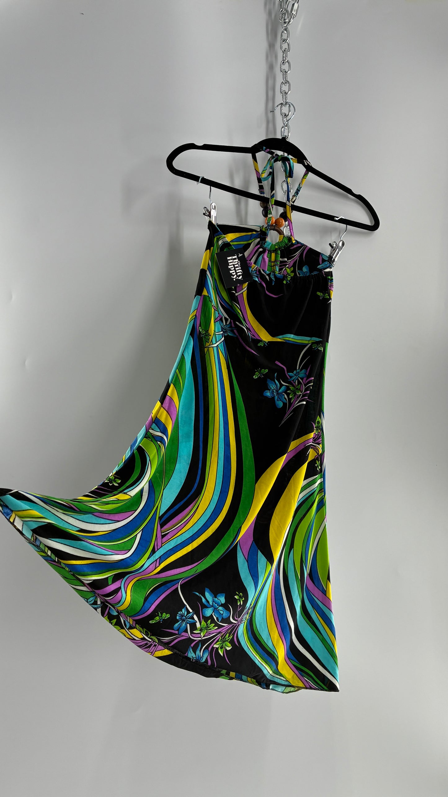 Vintage 1990s Halter Contrast Swirl Dress with Beaded Choker and Built in Bust Padding (Small)