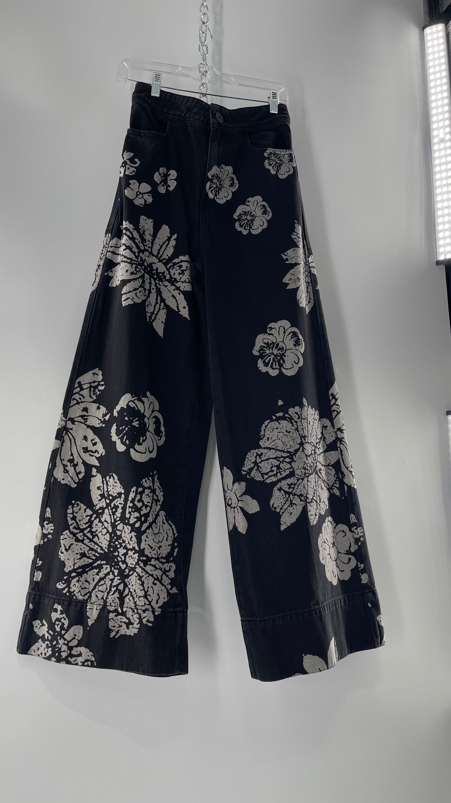 Free People Black Wide Leg Jeans with White Hibiscus Floral Design (29)