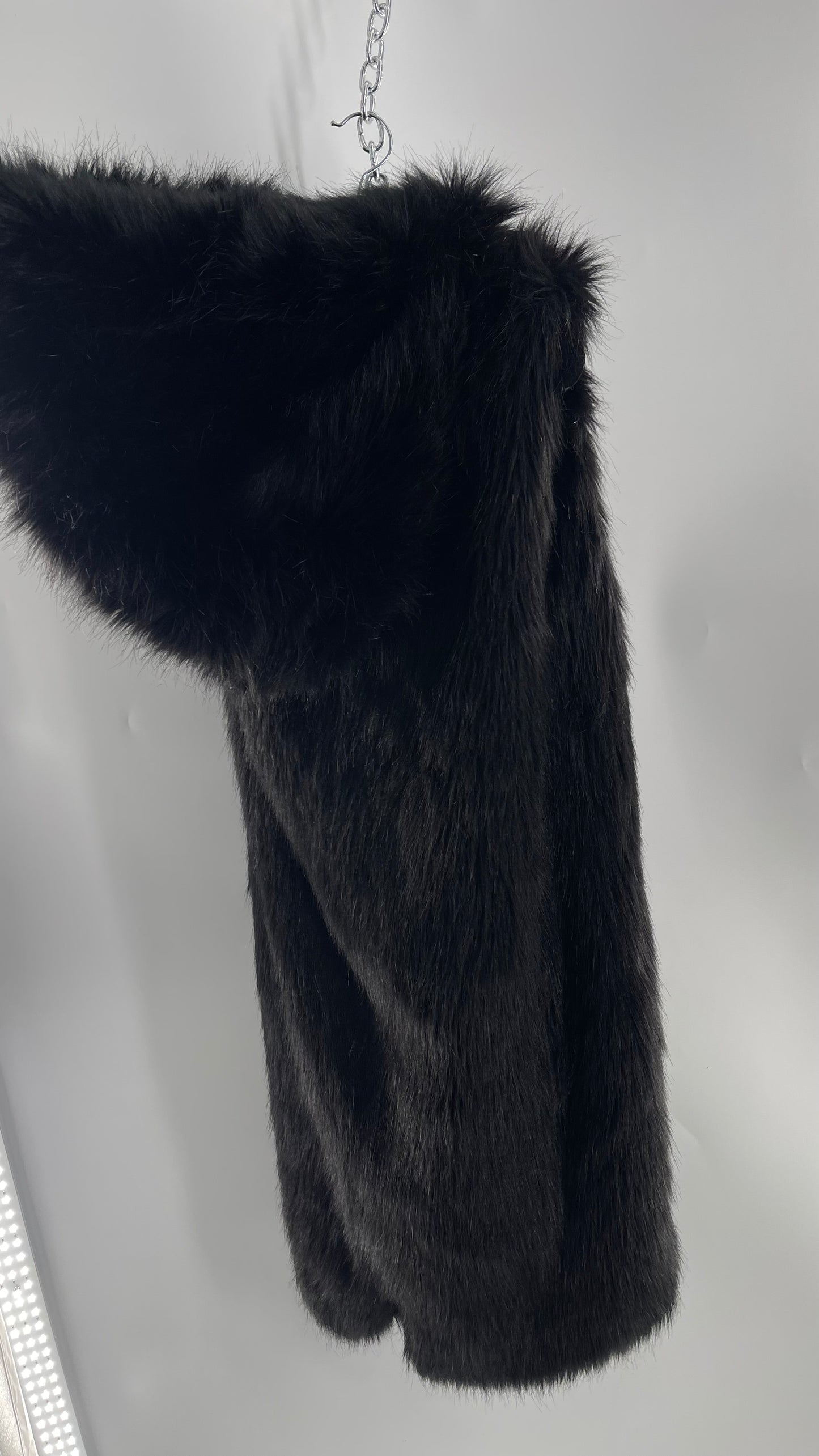 Full Length Black Fuzzy Sleeveless Vest with Oversized Hood (Medium)