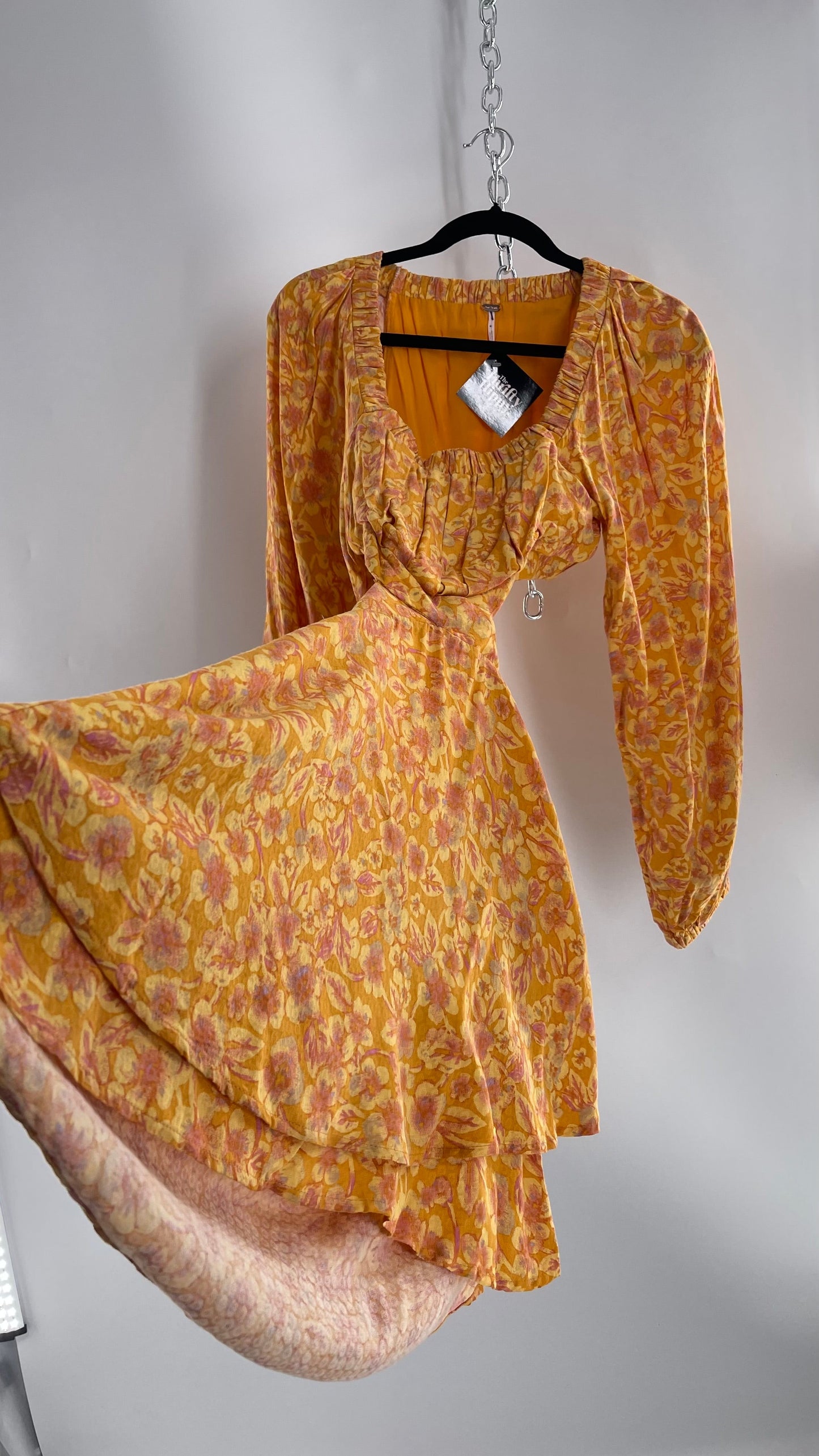 Free People Yellow Cut Out Golden Florals Dress with Ruched Bust and Balloon Sleeves (Small)
