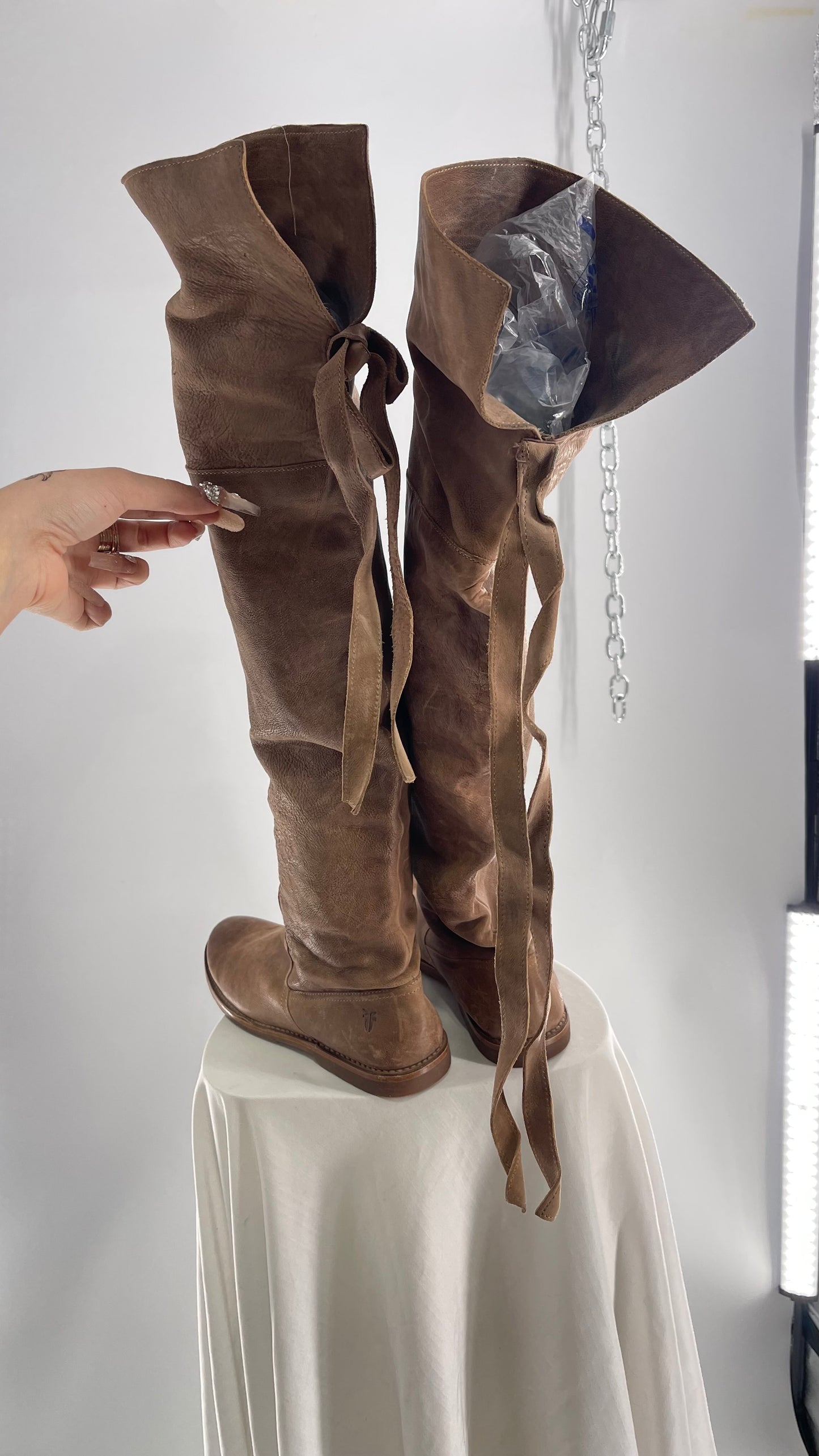 Frye Taupe Leather Over the Knee Fold Over Celia Boots (8)