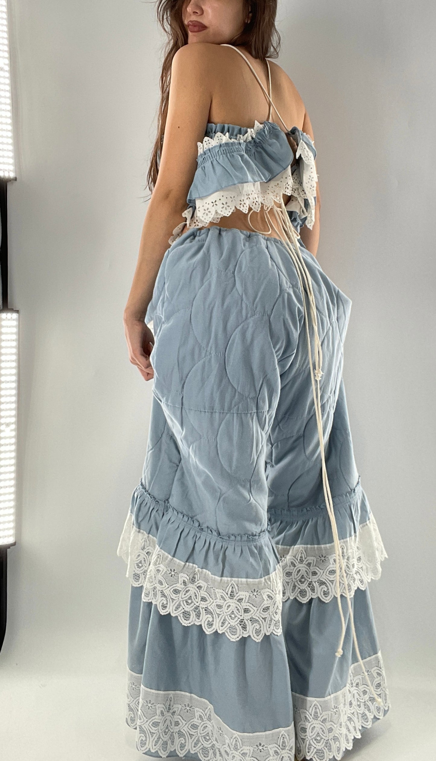 Vintage 2 Piece Powder Blue Set Featuring 2Way Blouse and Quilted Trousers Covered in Ruffles, Lace and Trim (One Size)