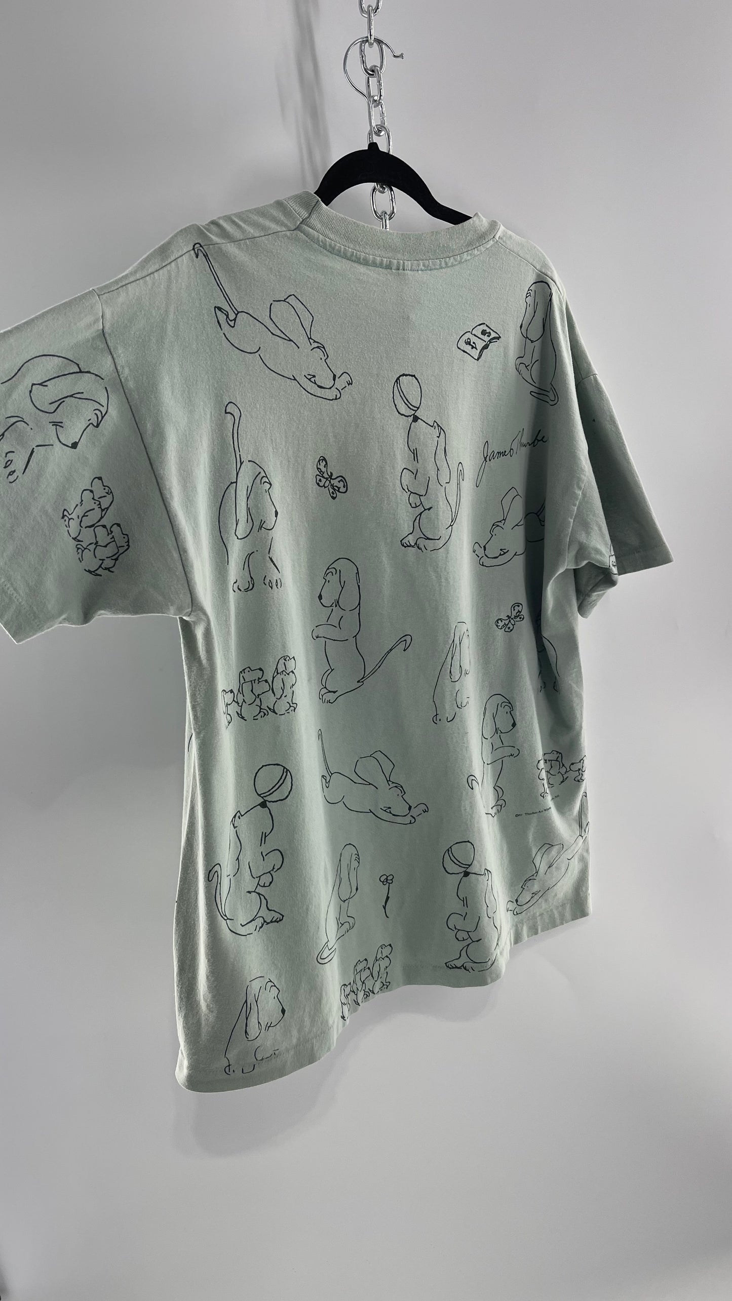 Vintage James Thurber Light Sage Nostalgic Puppy Doodle Comic Sketch T Shirt (XL)