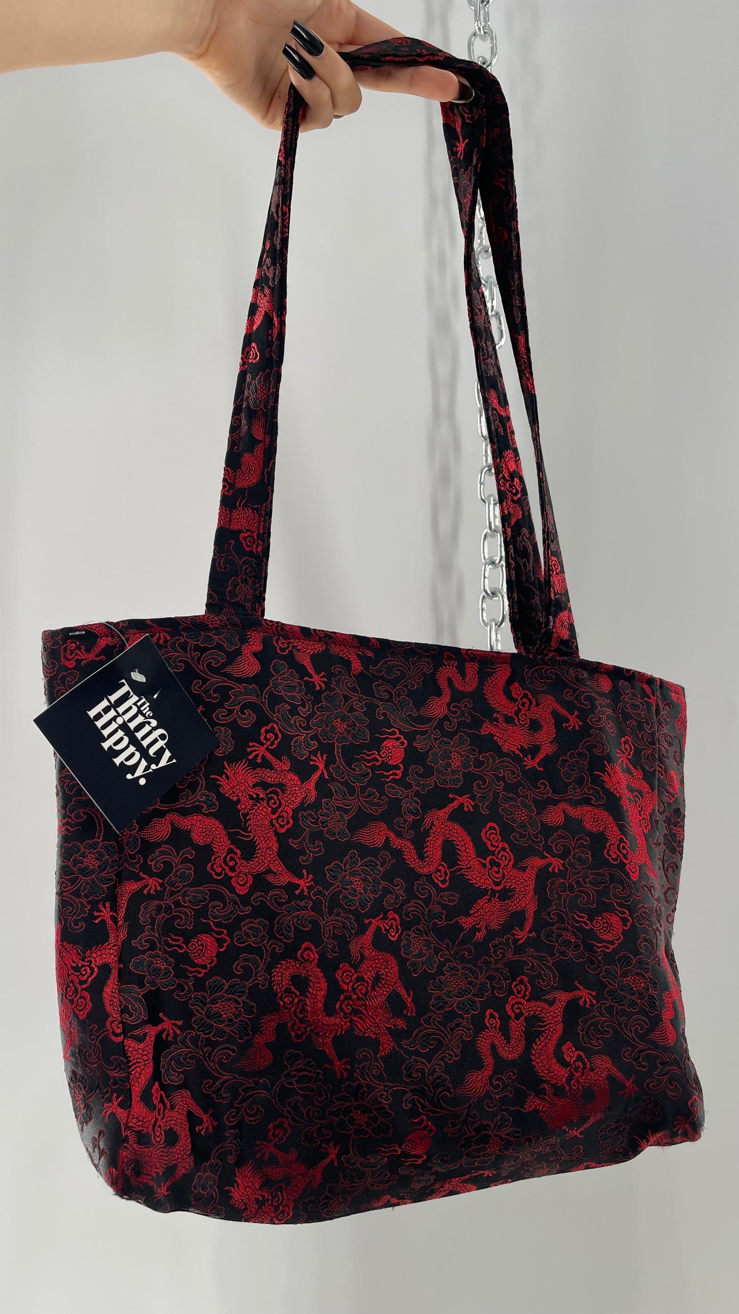Vintage Black Satin/Silky Tote with Red Dragon/Floral Embroidery