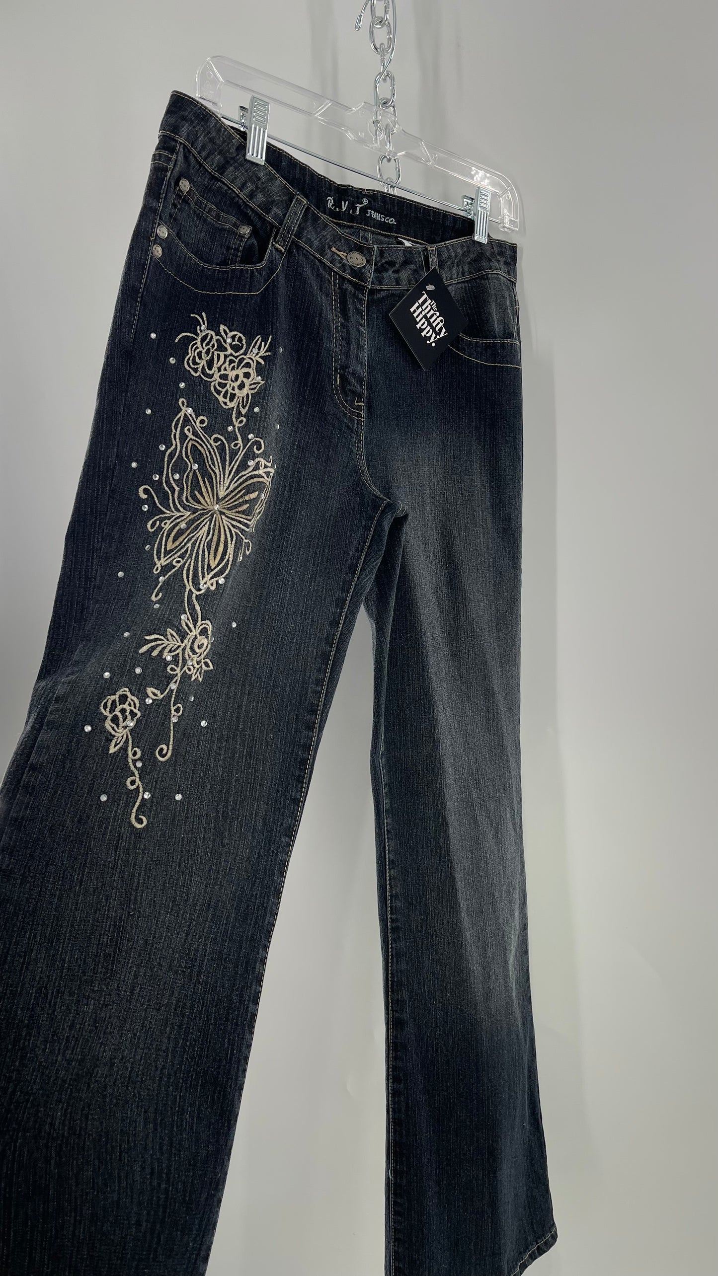 Vintage RVT Grey Kickflare Jeans with Butterfly Embroidery and Rhinestone Embellishment (9/10)
