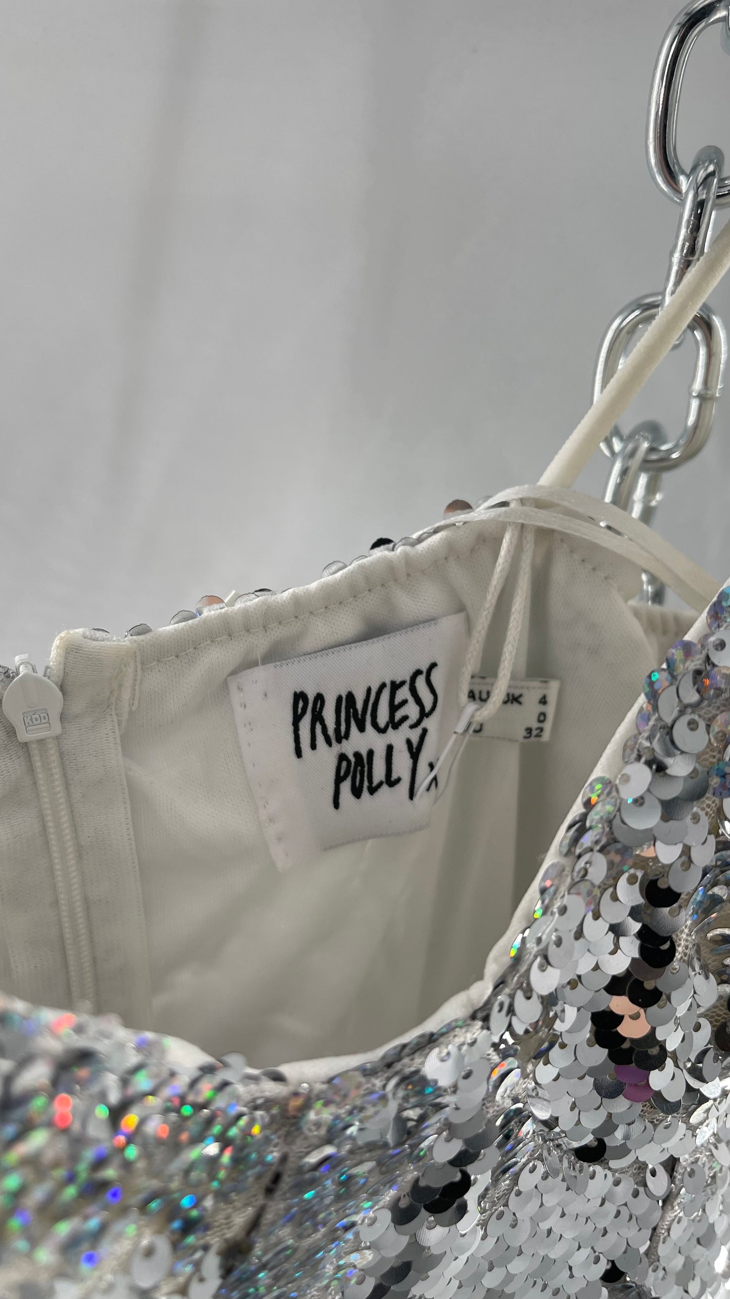 Princess Polly Silver Iridescent Sequin Mini Dress with Triangle Cups and Thigh Slit (0)