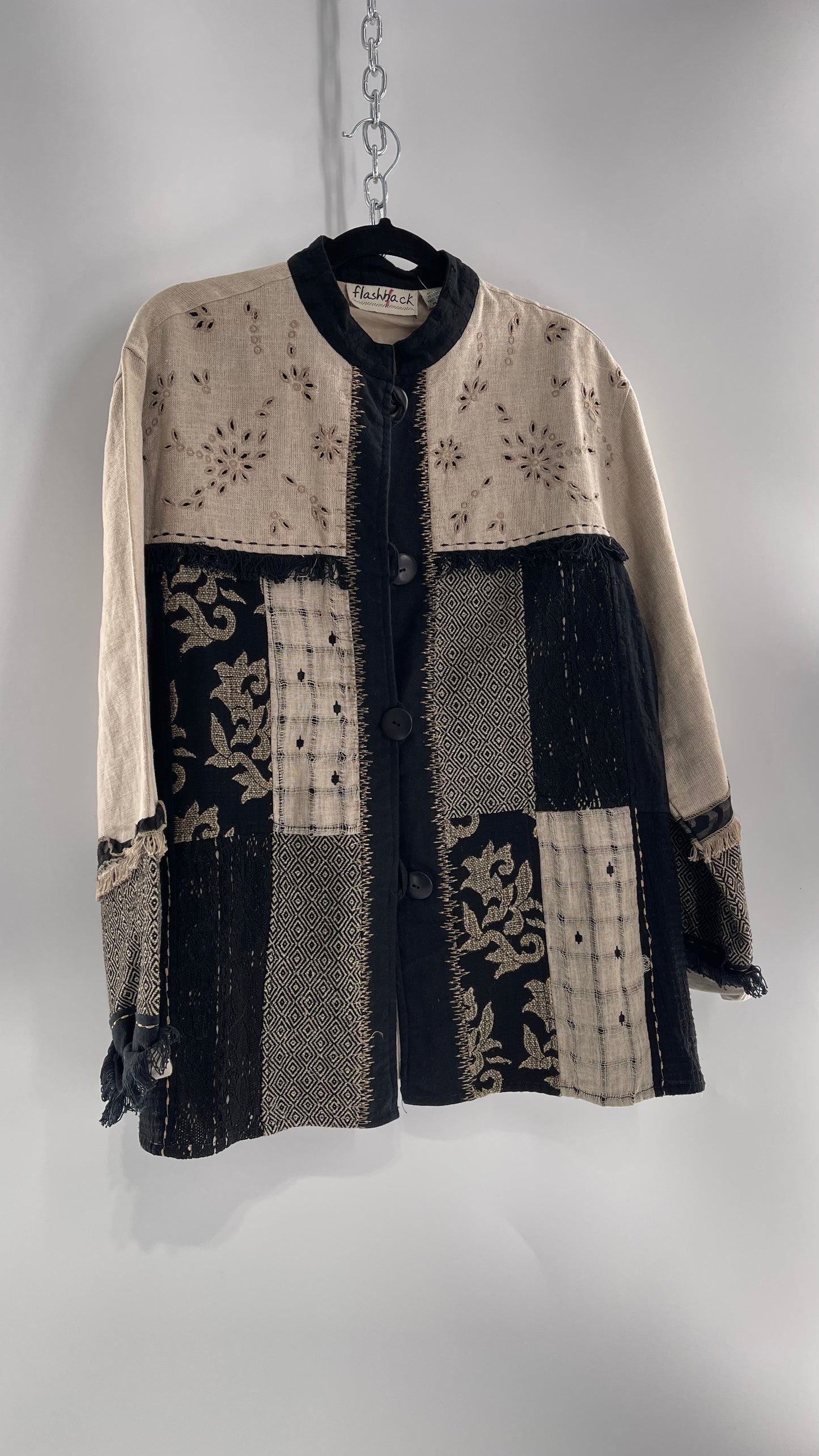 Deadstock Vintage Flashback Patchwork Coat with Mixed Neutral Fabrics, Embroidery and Fringe Details (Large)