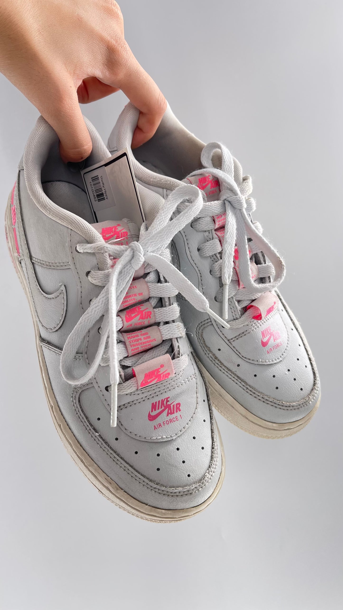 Custom Nikes Worn White with Tags on Laces and Neon Pink Details (4Y)