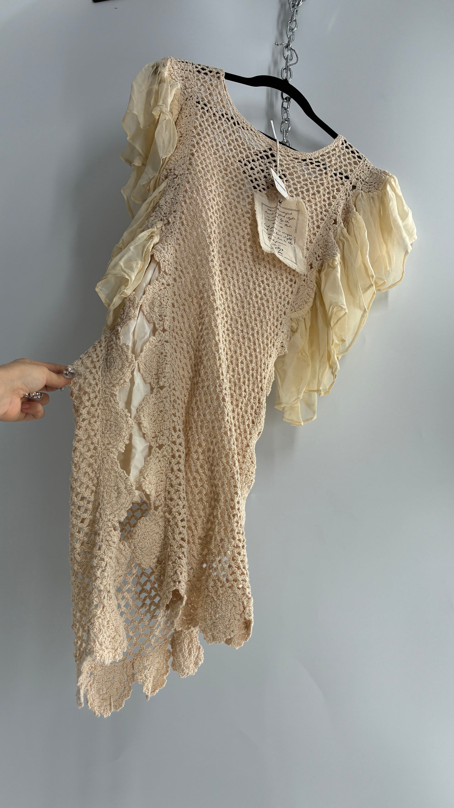 Free People Crochet Scalloped Open Side Dress with Ruffled Sleeve Details (S)